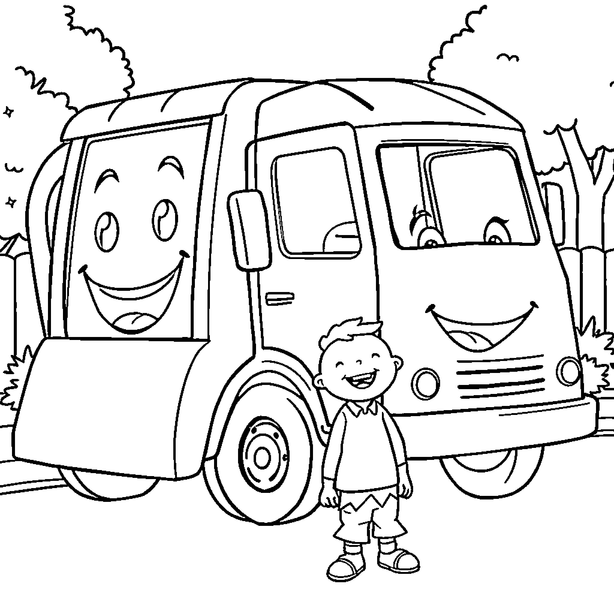Trash Truck Happily Collecting Trash with Smiling Driver Coloring Page (free black-and-white line drawing printable PDF for all, from beginners to advanced learners, including children, teens, adults, and seniors)