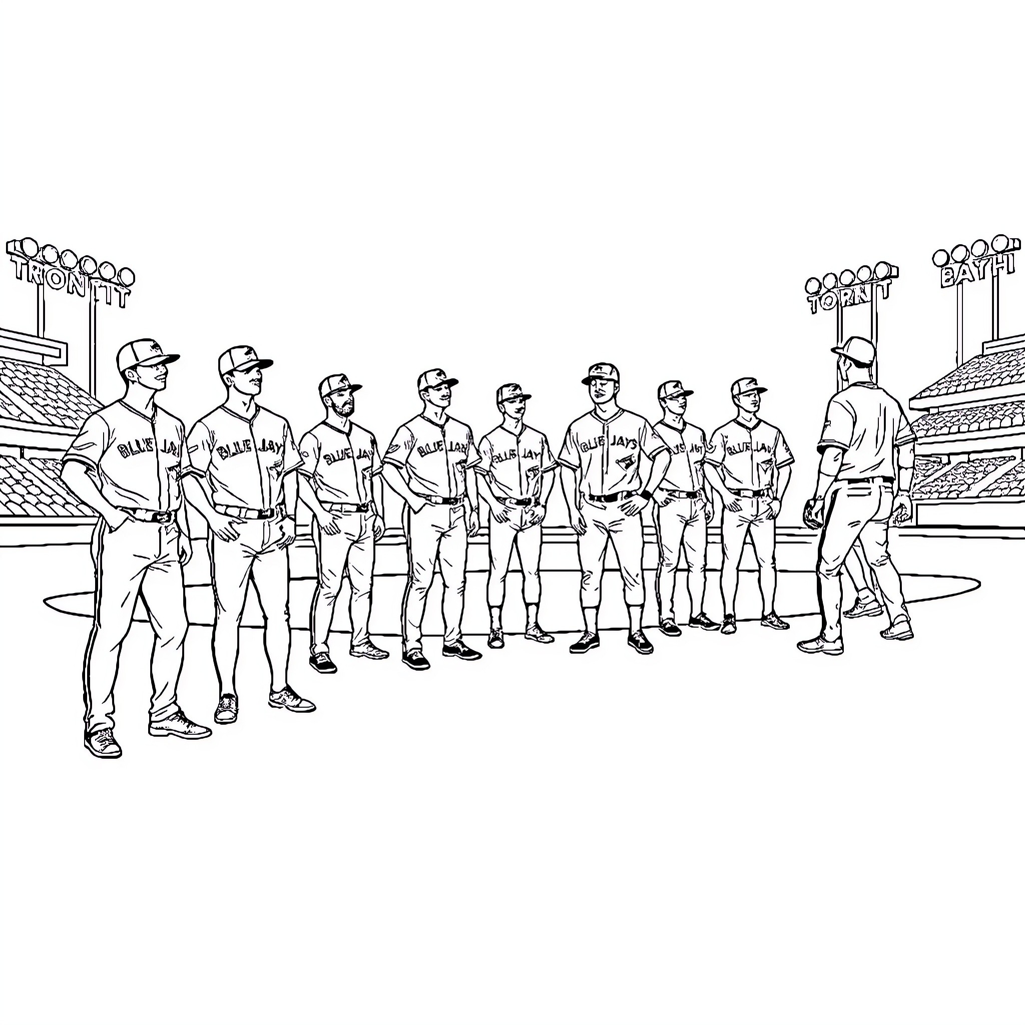 Baseball Team Posing on Field in Uniform Coloring Page (free black-and-white line drawing printable PDF for all, from beginners to advanced learners, including children, teens, adults, and seniors)