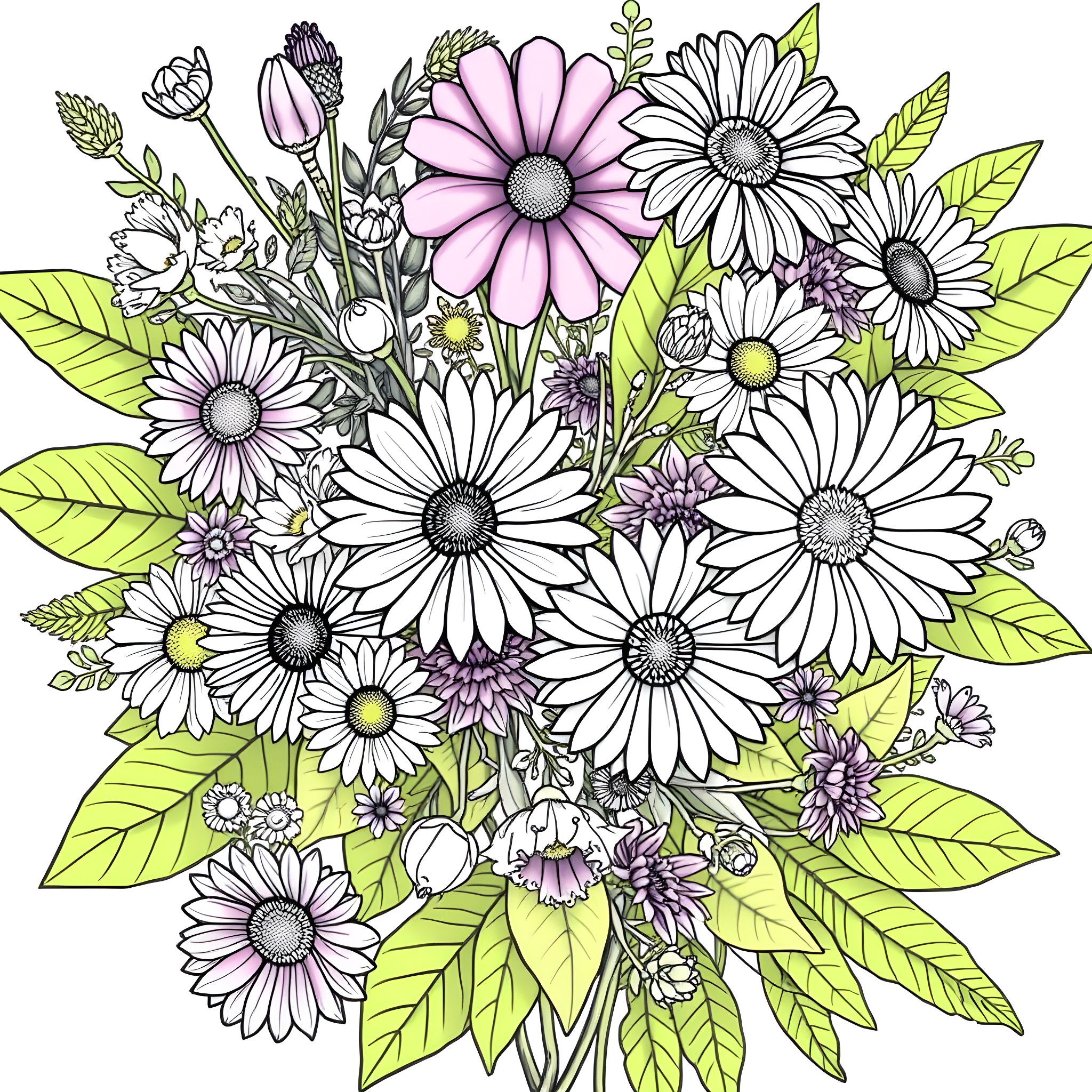 Wildflower bouquet with vibrant blooms and greenery Coloring Page (free black-and-white line drawing printable PDF for all, from beginners to advanced learners, including children, teens, adults, and seniors)