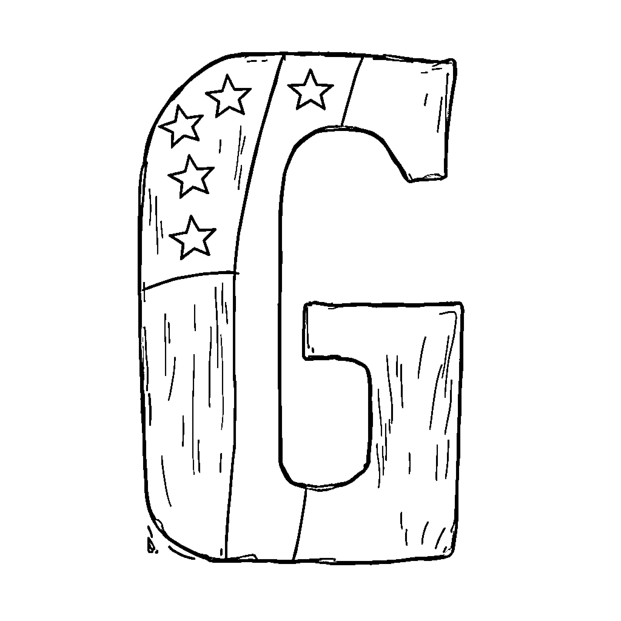 G'Grunge-style letter with stars Coloring Page (free black-and-white line drawing printable PDF for all, from beginners to advanced learners, including children, teens, adults, and seniors)