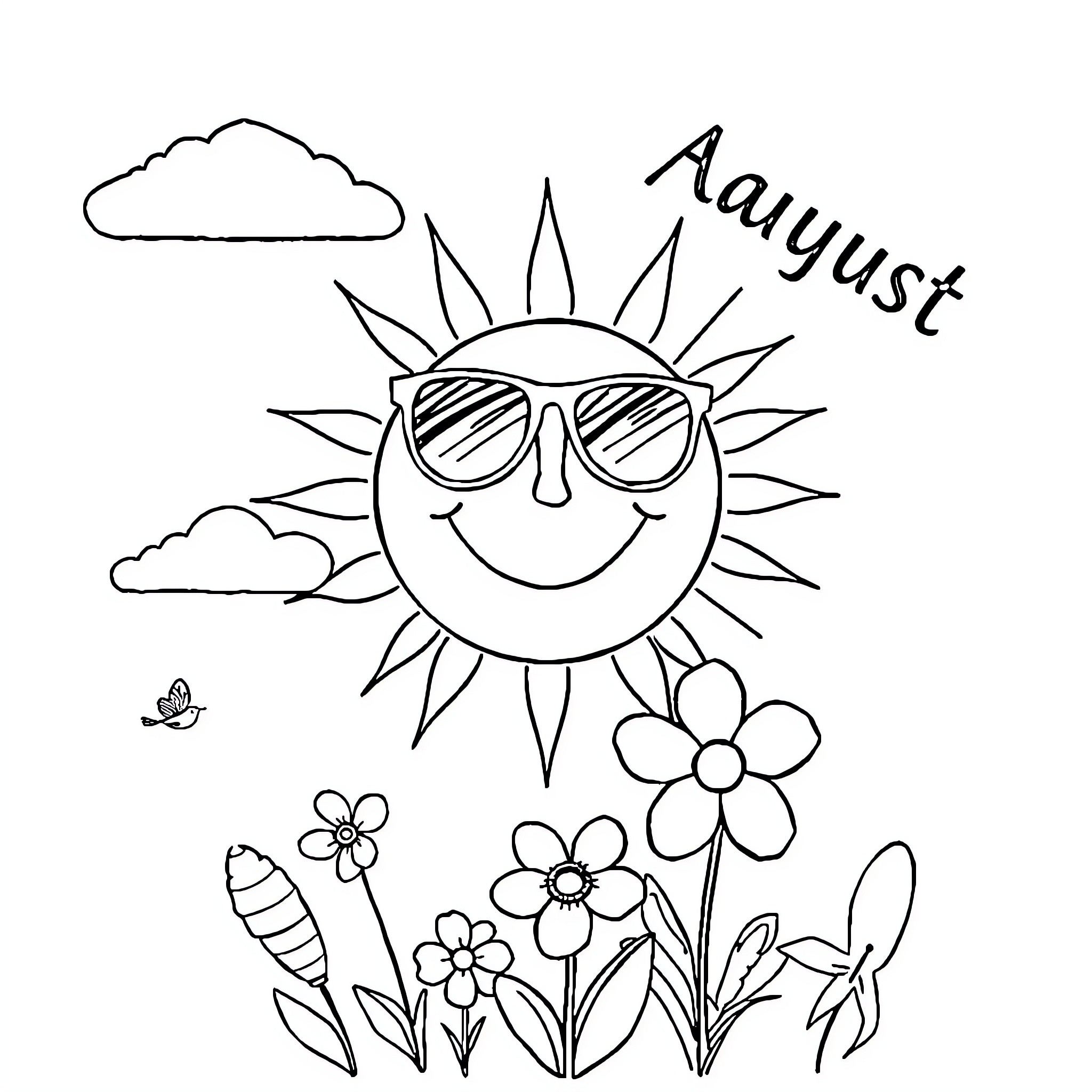 Sun shining over cheerful summer scene Coloring Page (free black-and-white line drawing printable PDF for all, from beginners to advanced learners, including children, teens, adults, and seniors)