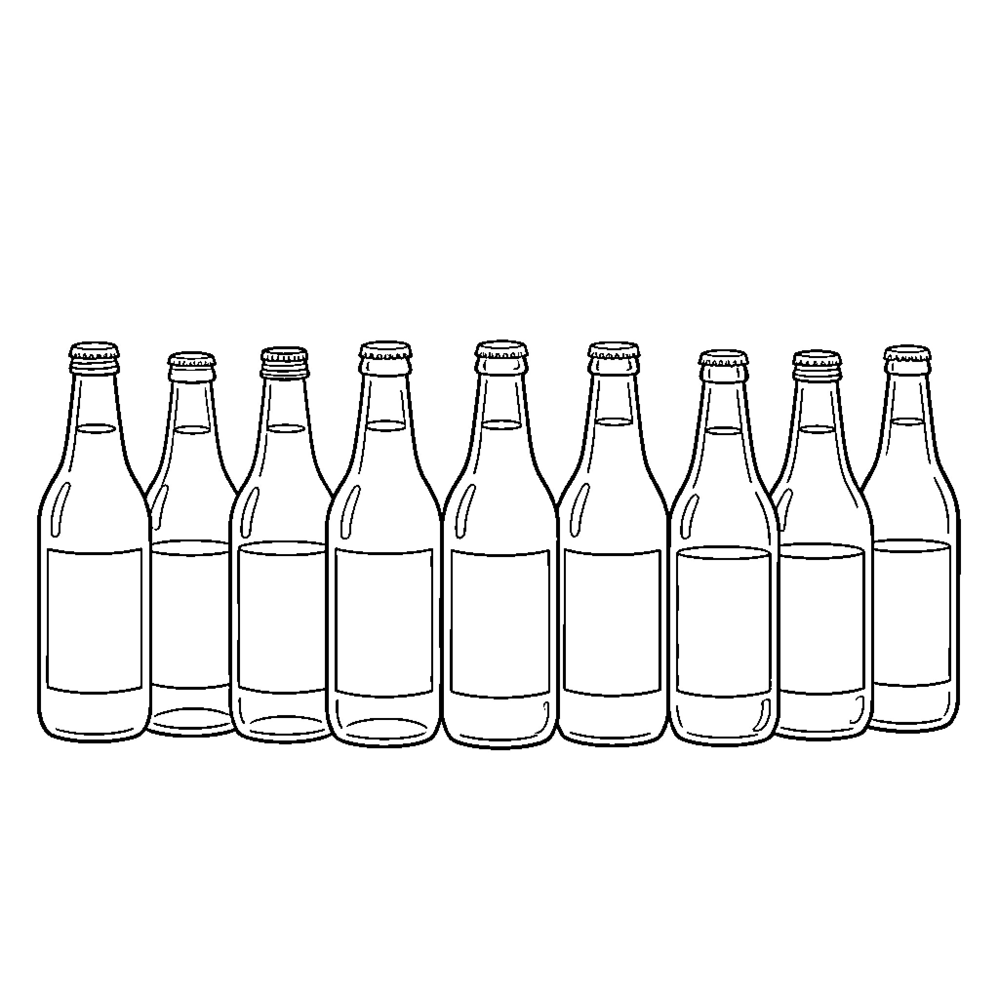 Bottle collection lined up in a row Coloring Page (free black-and-white line drawing printable PDF for all, from beginners to advanced learners, including children, teens, adults, and seniors)