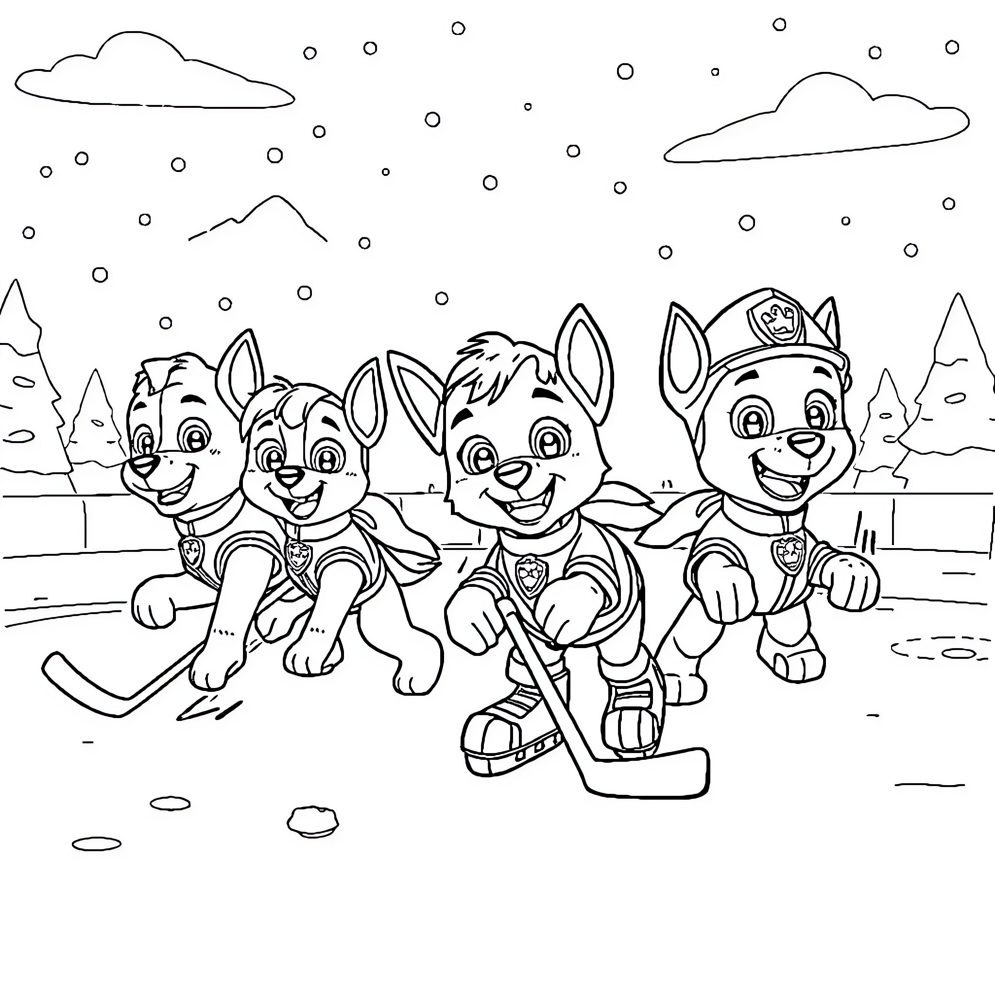 Paw Patrol Pups Playing in the Snow Coloring Page (free black-and-white line drawing printable PDF for all, from beginners to advanced learners, including children, teens, adults, and seniors)