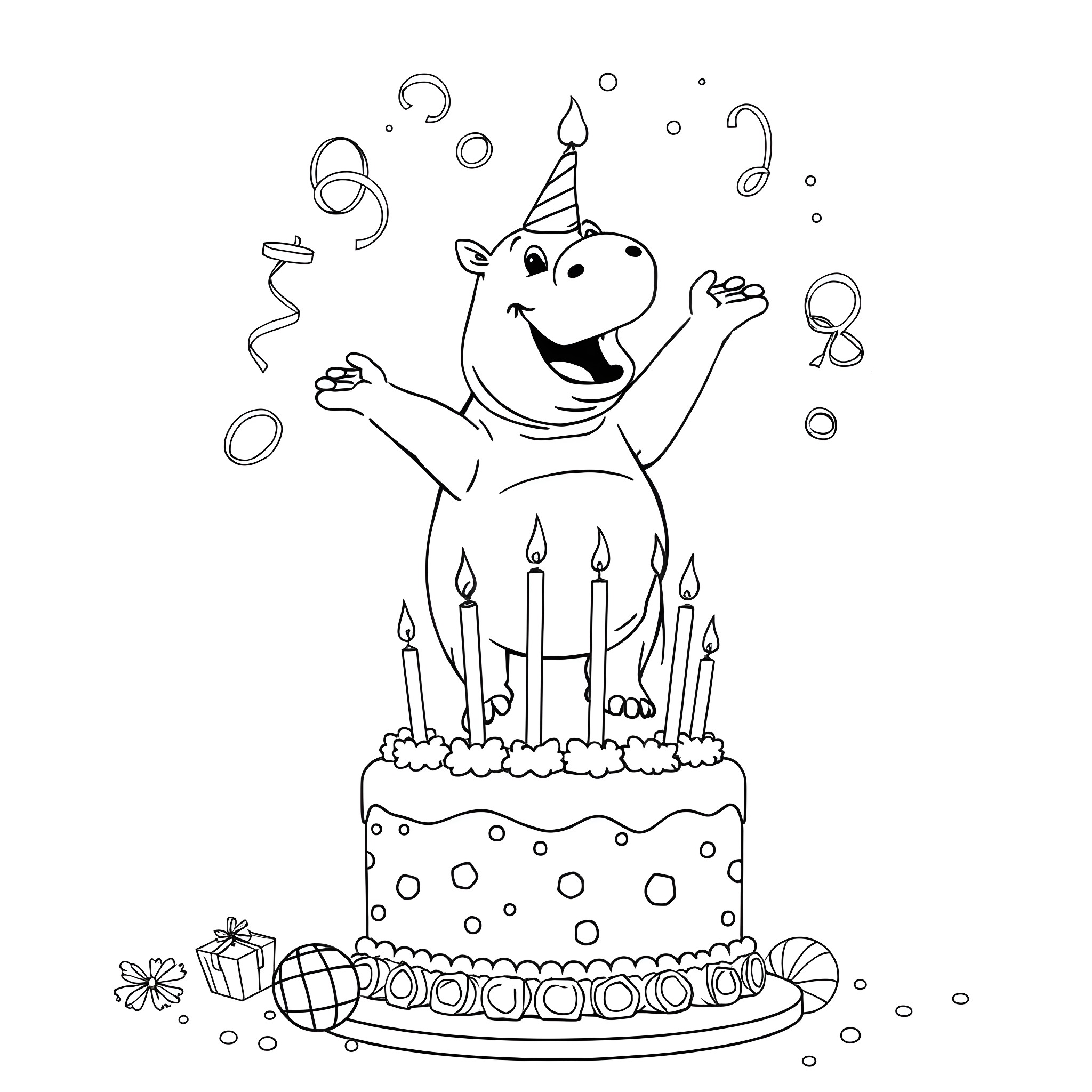Hippo celebrates birthday with cake and balloons Coloring Page (free black-and-white line drawing printable PDF for all, from beginners to advanced learners, including children, teens, adults, and seniors)