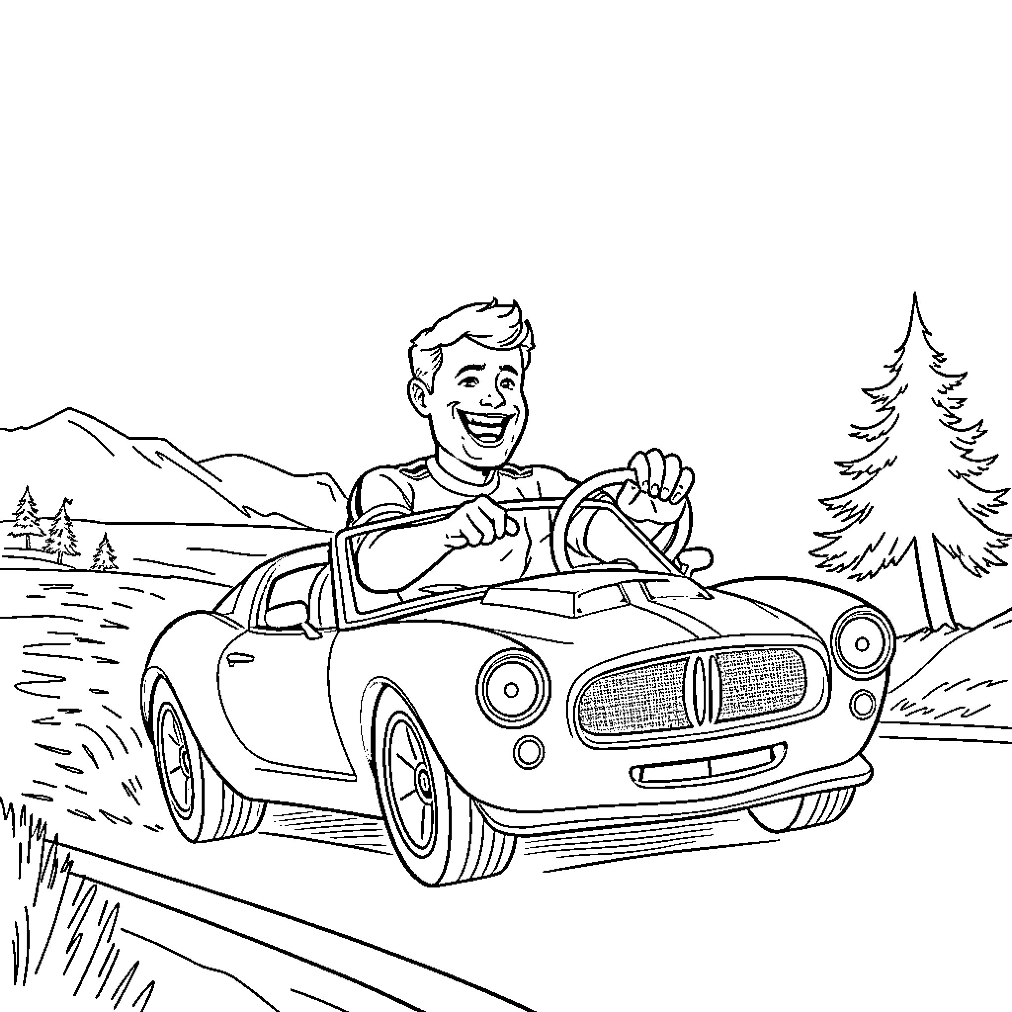 Erling Haaland driving a vintage car through scenic countryside Coloring Page (free black-and-white line drawing printable PDF for all, from beginners to advanced learners, including children, teens, adults, and seniors)