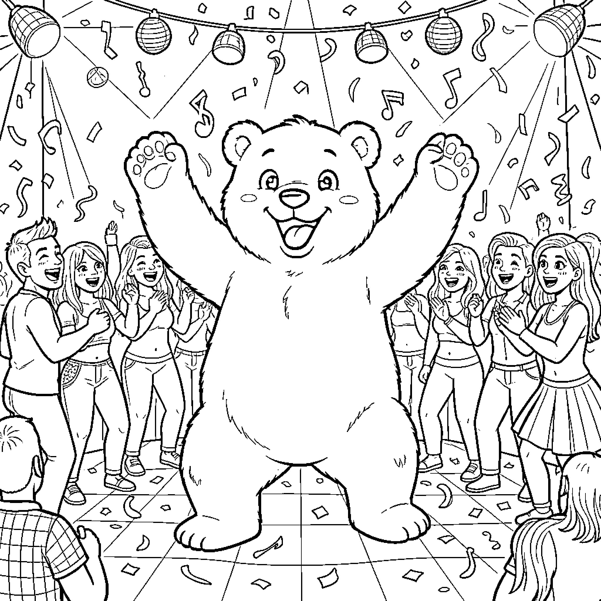 Bear celebrating with a party and people Coloring Page (free black-and-white line drawing printable PDF for all, from beginners to advanced learners, including children, teens, adults, and seniors)