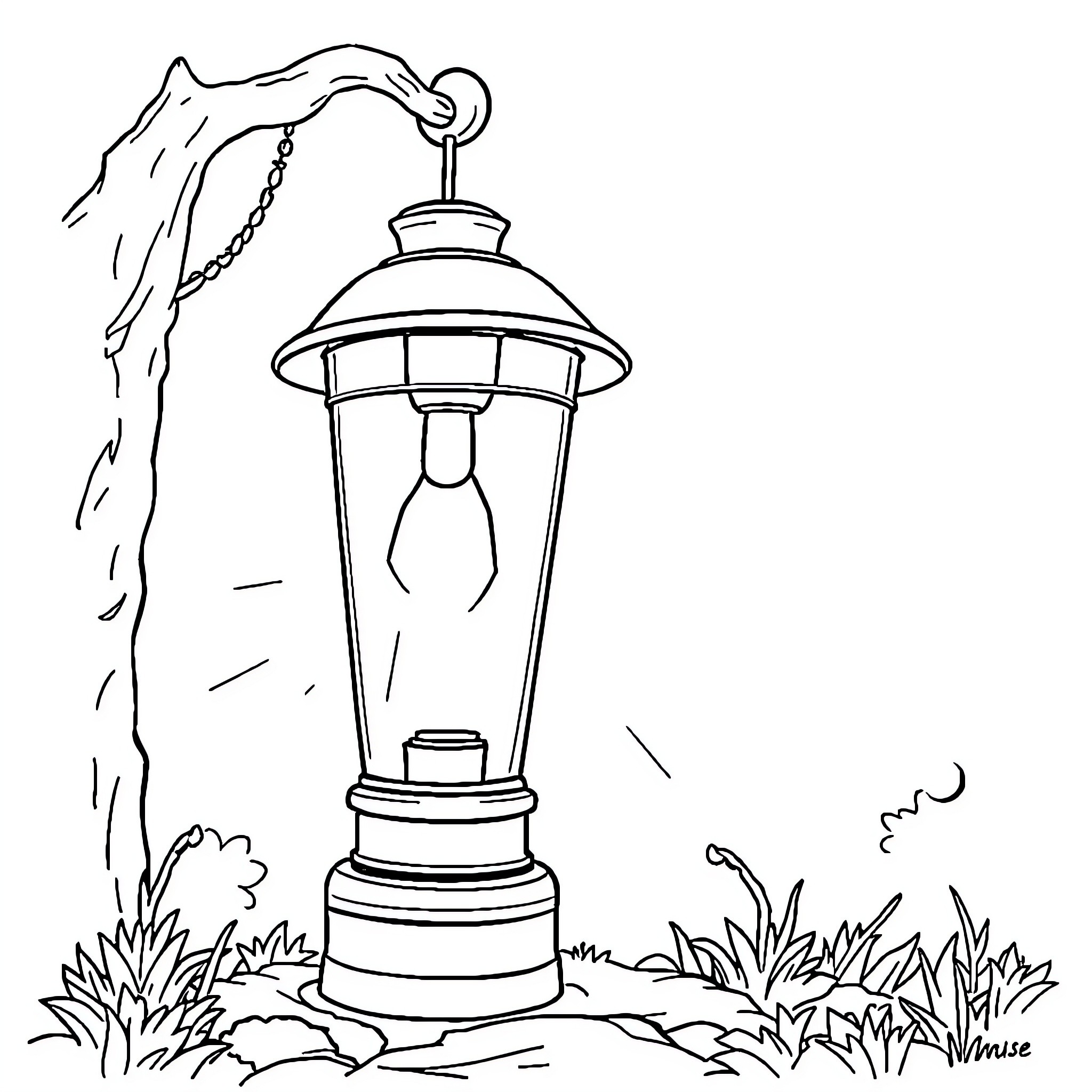 Flashlight illuminating a peaceful outdoor scene Coloring Page (free black-and-white line drawing printable PDF for all, from beginners to advanced learners, including children, teens, adults, and seniors)