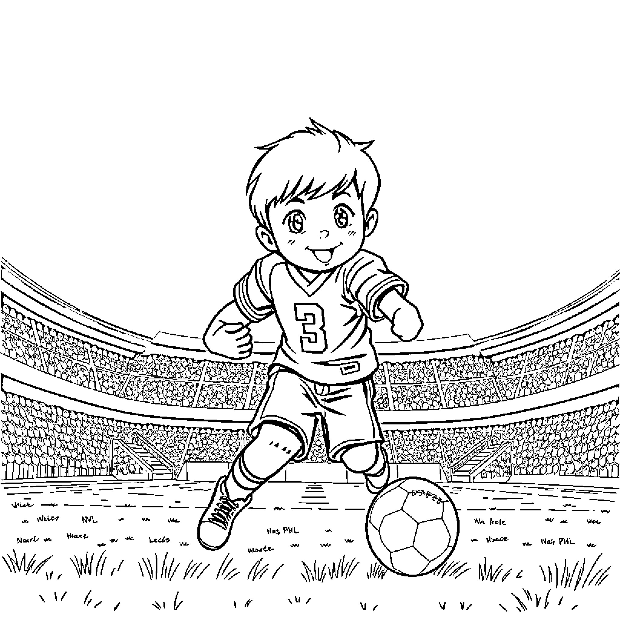 School Boy Playing Soccer on Field Coloring Page (free black-and-white line drawing printable PDF for all, from beginners to advanced learners, including children, teens, adults, and seniors)