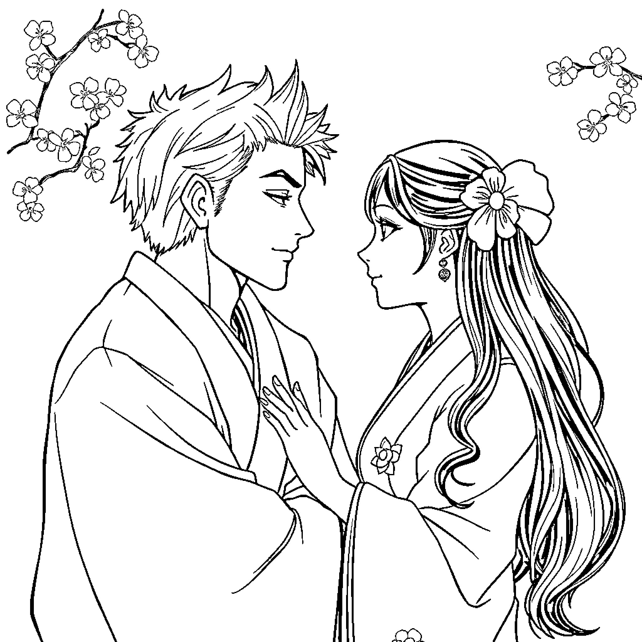 Tanjiro and Nezuko in a tender moment Coloring Page (free black-and-white line drawing printable PDF for all, from beginners to advanced learners, including children, teens, adults, and seniors)