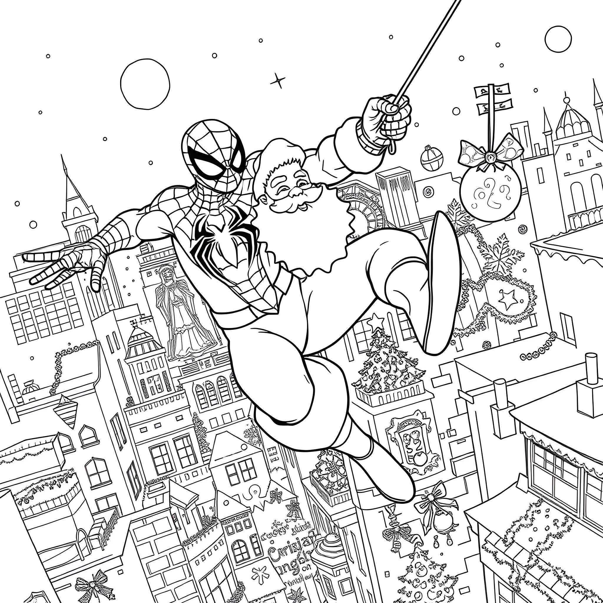 Spider-Man swinging through a festive city landscape Coloring Page (free black-and-white line drawing printable PDF for all, from beginners to advanced learners, including children, teens, adults, and seniors)