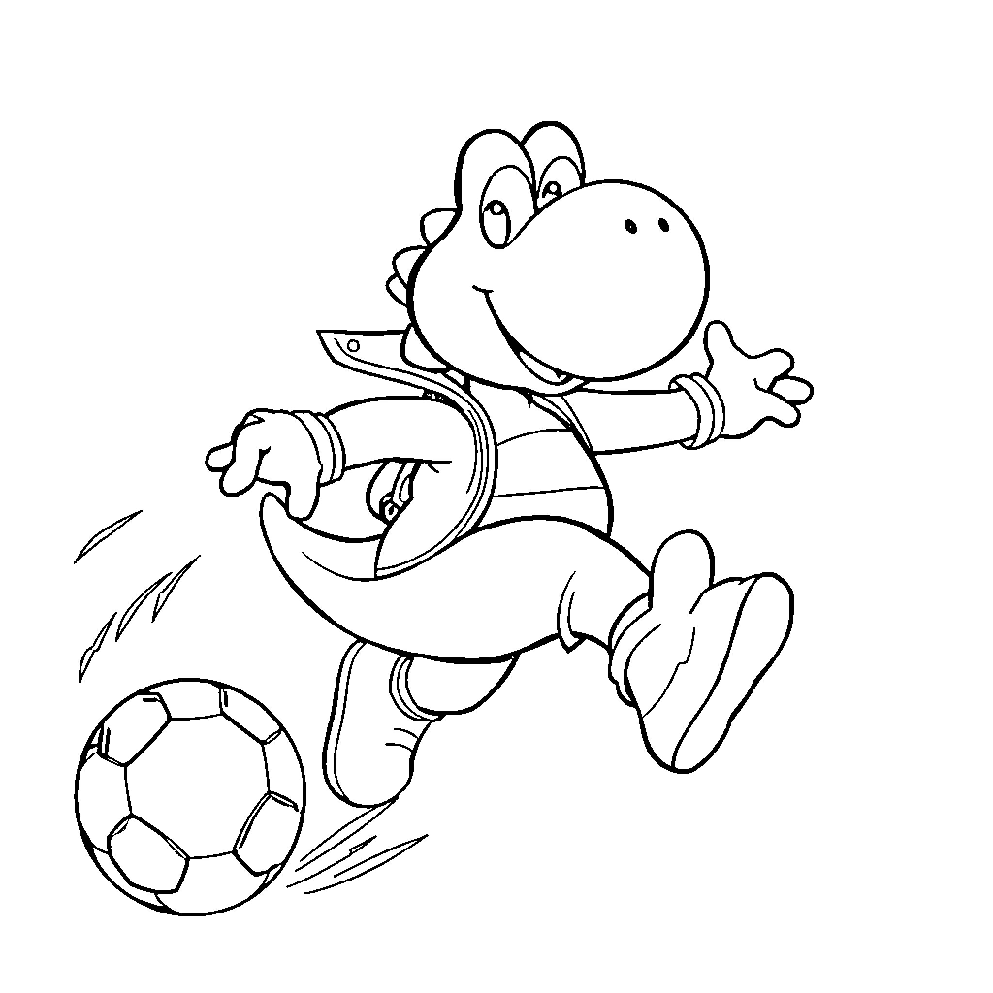 Yoshi playing soccer with enthusiasm Coloring Page (free black-and-white line drawing printable PDF for all, from beginners to advanced learners, including children, teens, adults, and seniors)