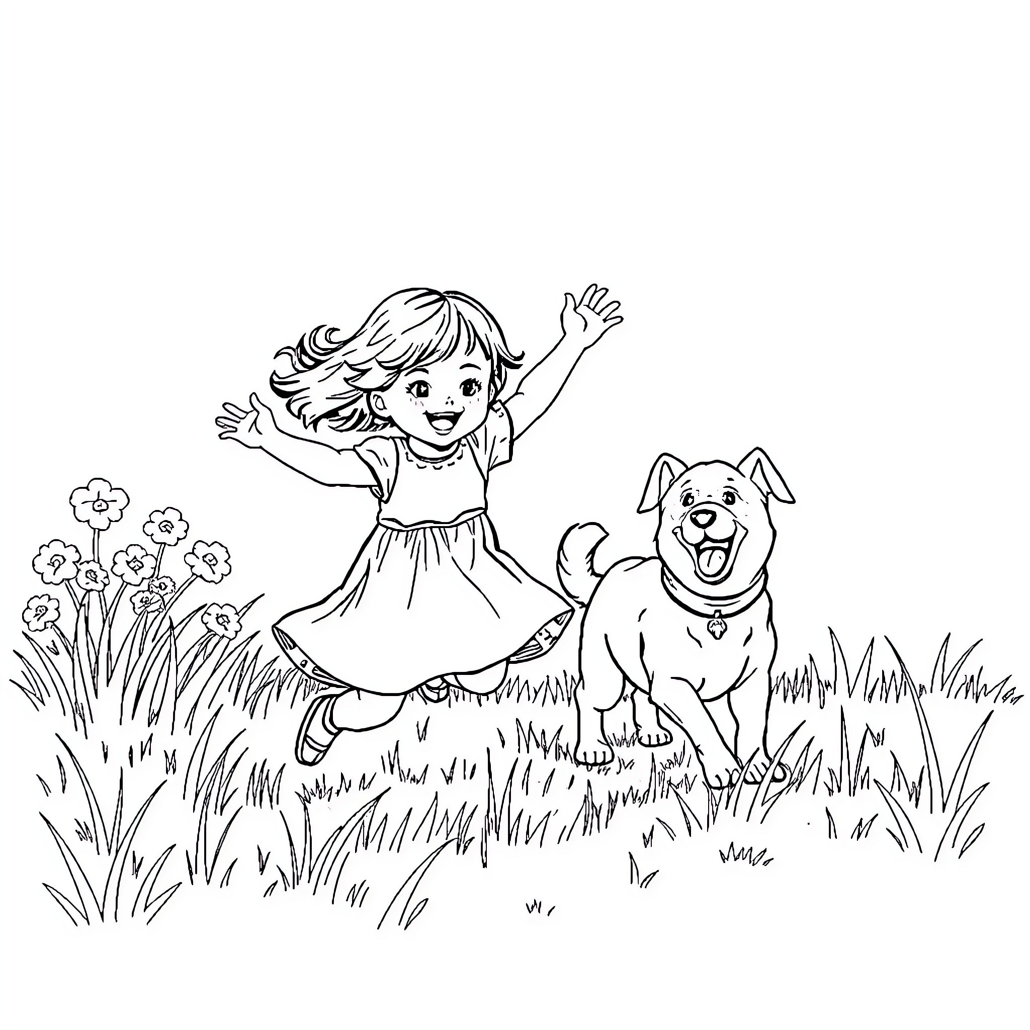 Dog and Girl Happily Playing in the Grass Coloring Page (free black-and-white line drawing printable PDF for all, from beginners to advanced learners, including children, teens, adults, and seniors)