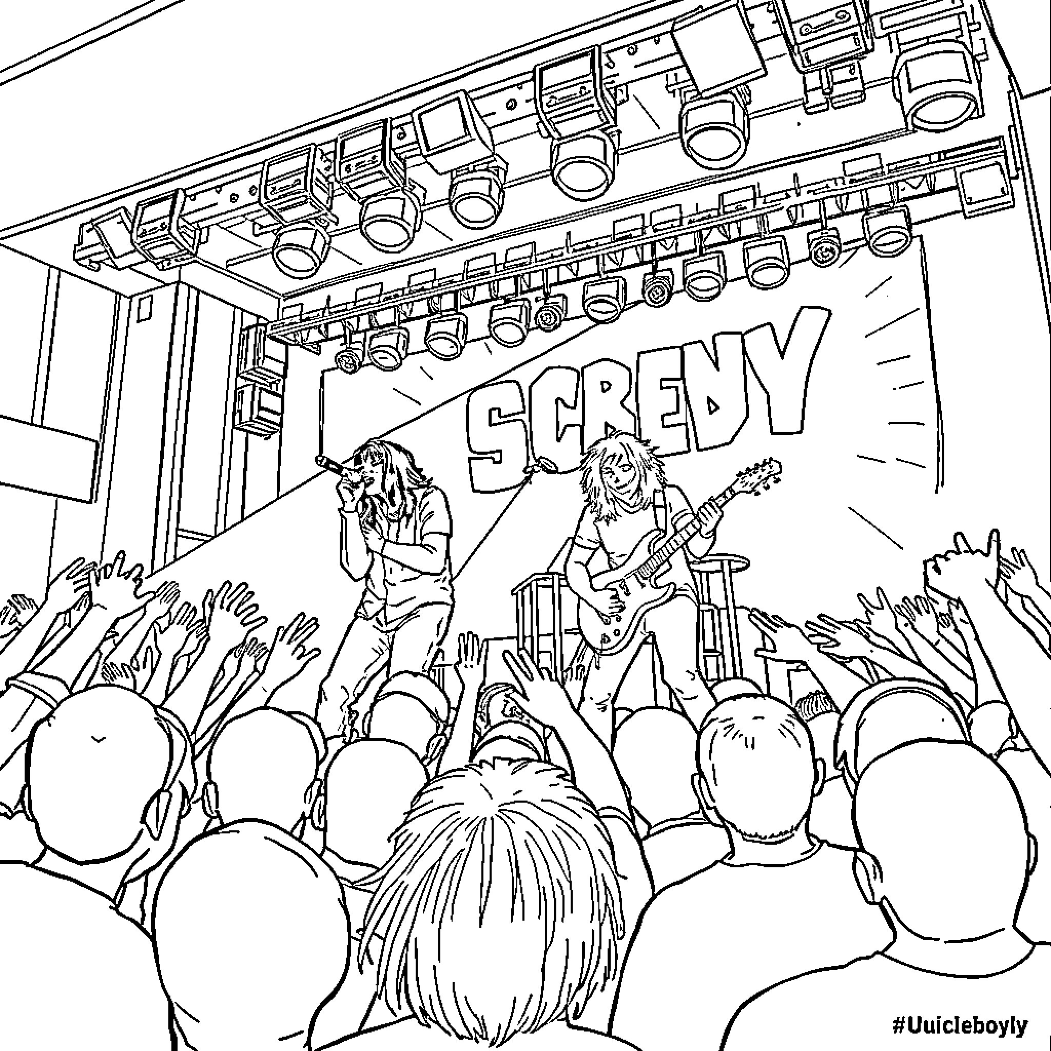 Scrim: Rock band performing on stage before an excited crowd Coloring Page (free black-and-white line drawing printable PDF for all, from beginners to advanced learners, including children, teens, adults, and seniors)