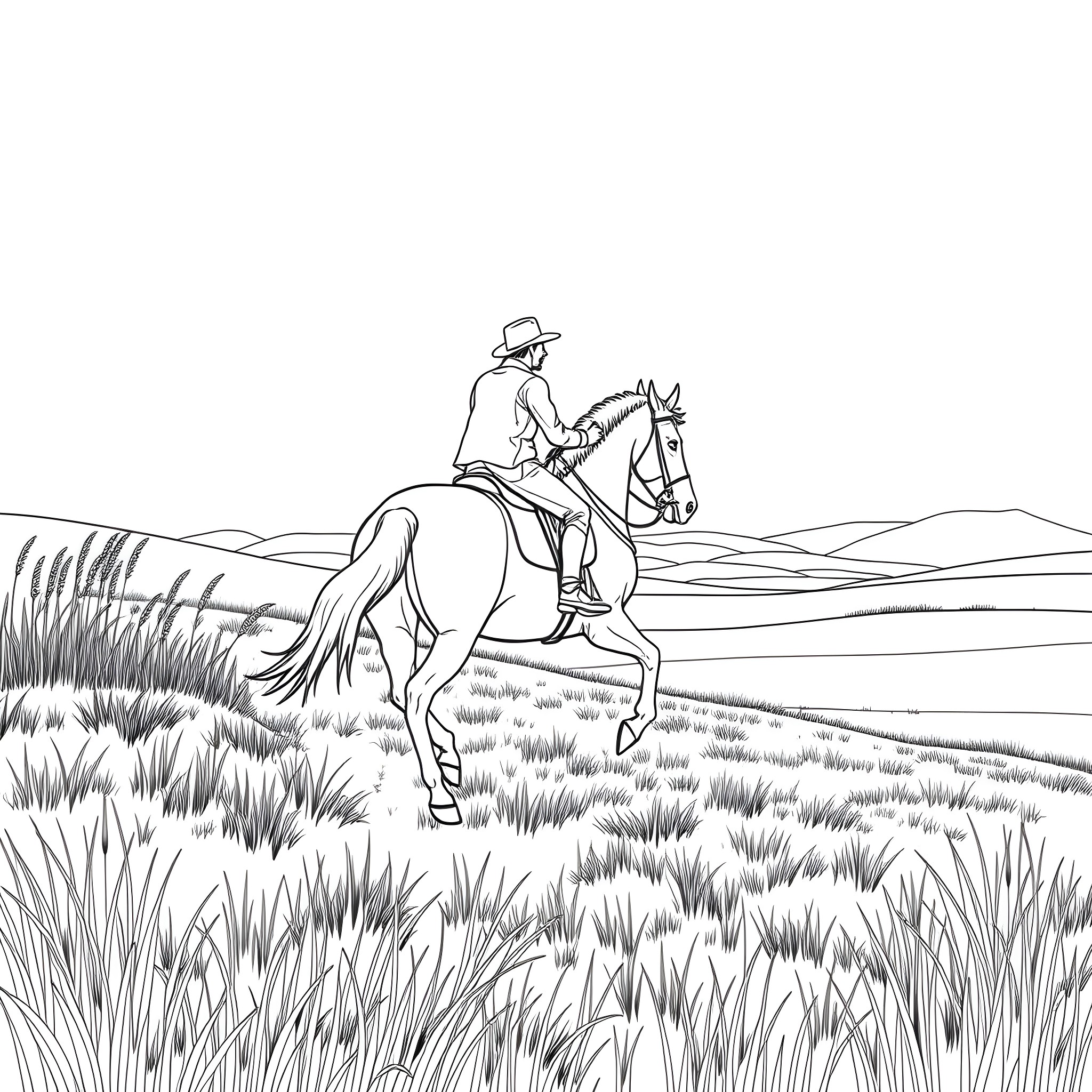 Horse and rider galloping through the open field Coloring Page (free black-and-white line drawing printable PDF for all, from beginners to advanced learners, including children, teens, adults, and seniors)