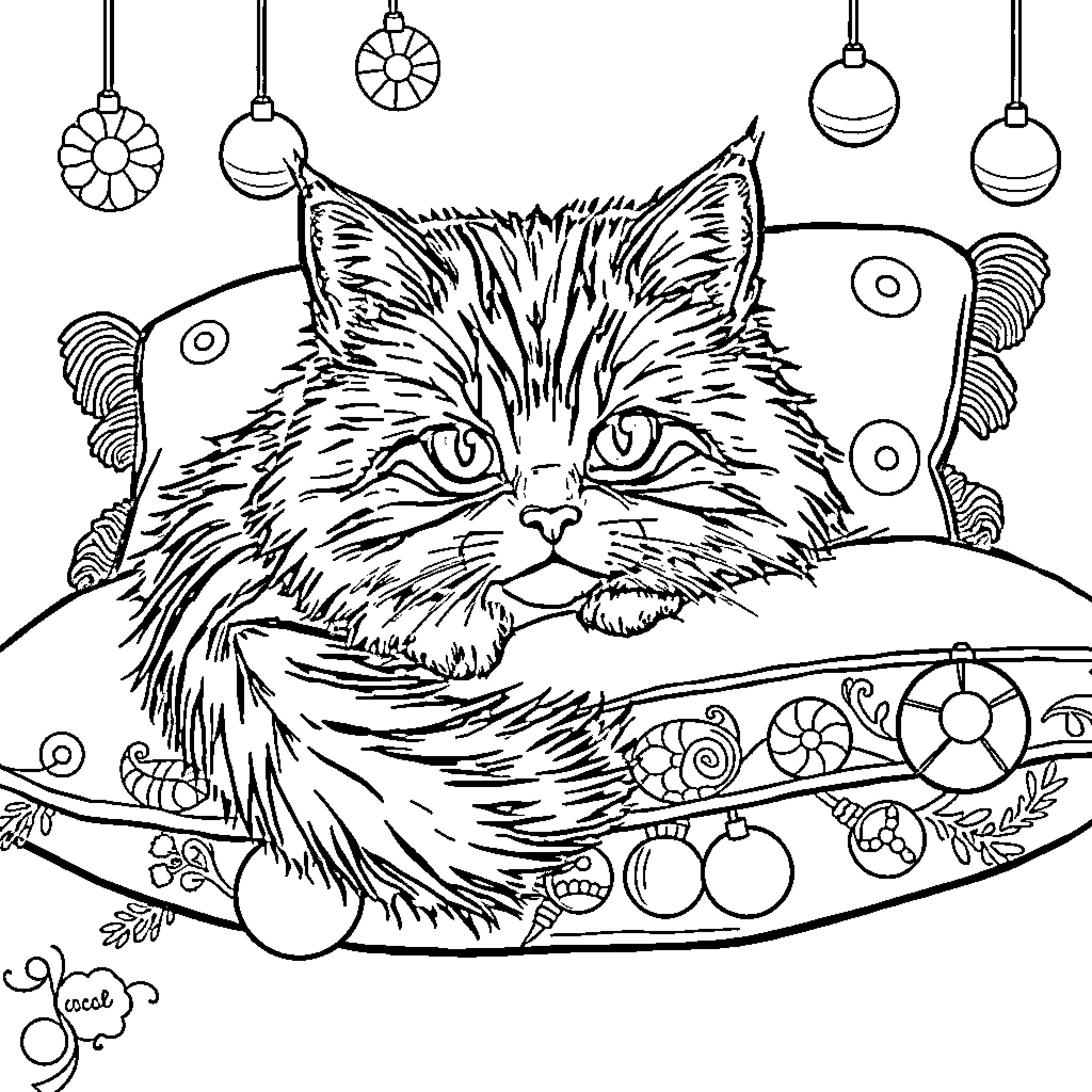 Cat in a Decorative Setting Coloring Page (free black-and-white line drawing printable PDF for all, from beginners to advanced learners, including children, teens, adults, and seniors)