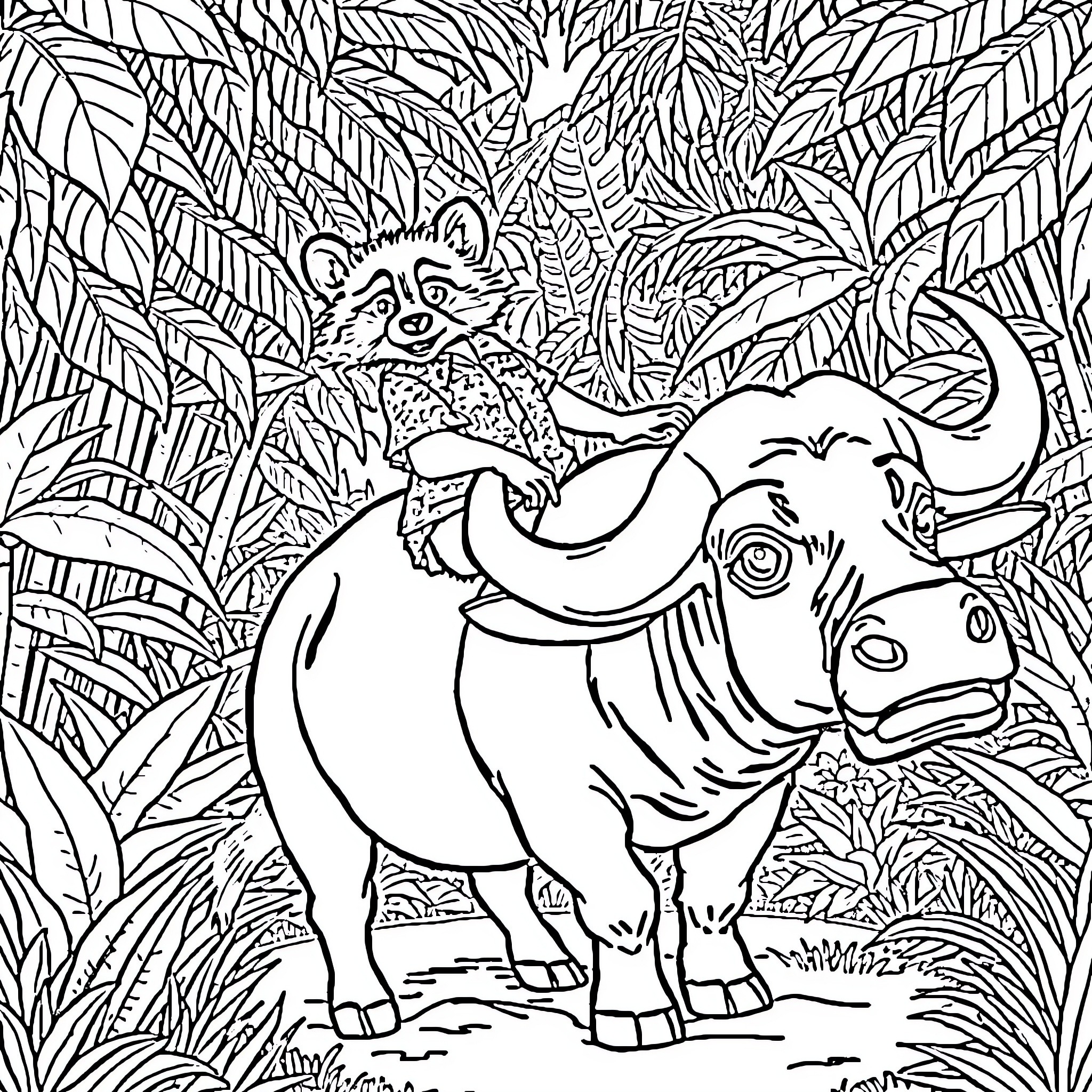 Raccoon exploring the jungle with a buffalo Coloring Page (free black-and-white line drawing printable PDF for all, from beginners to advanced learners, including children, teens, adults, and seniors)