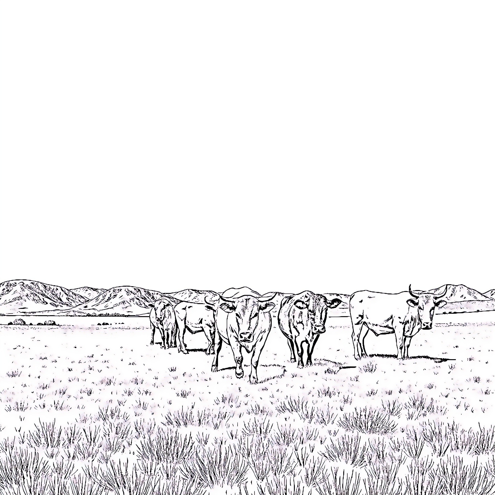 Cow herd grazing peacefully in rural landscape Coloring Page (free black-and-white line drawing printable PDF for all, from beginners to advanced learners, including children, teens, adults, and seniors)