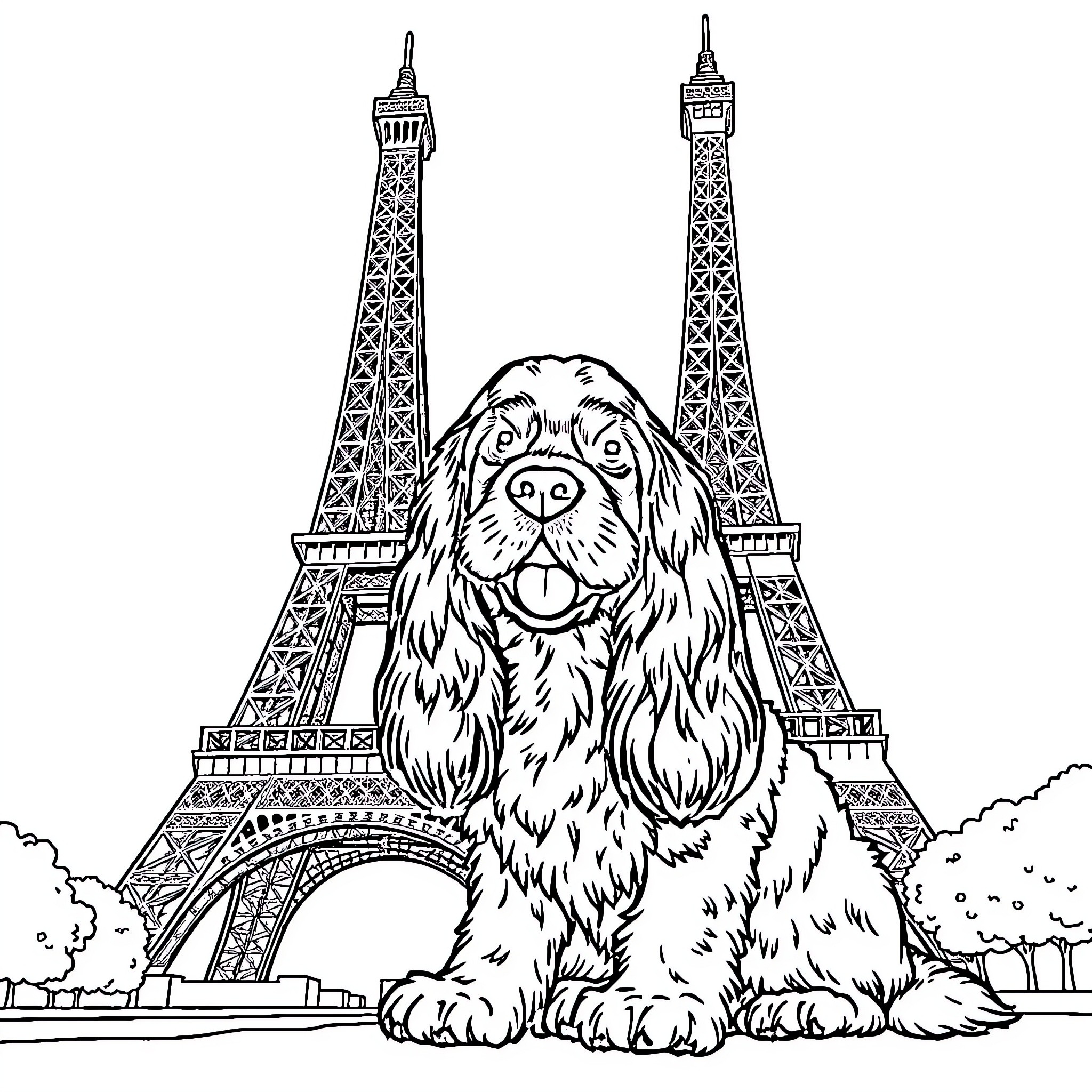 Cocker Spaniel enjoying the sights of Paris Coloring Page (free black-and-white line drawing printable PDF for all, from beginners to advanced learners, including children, teens, adults, and seniors)
