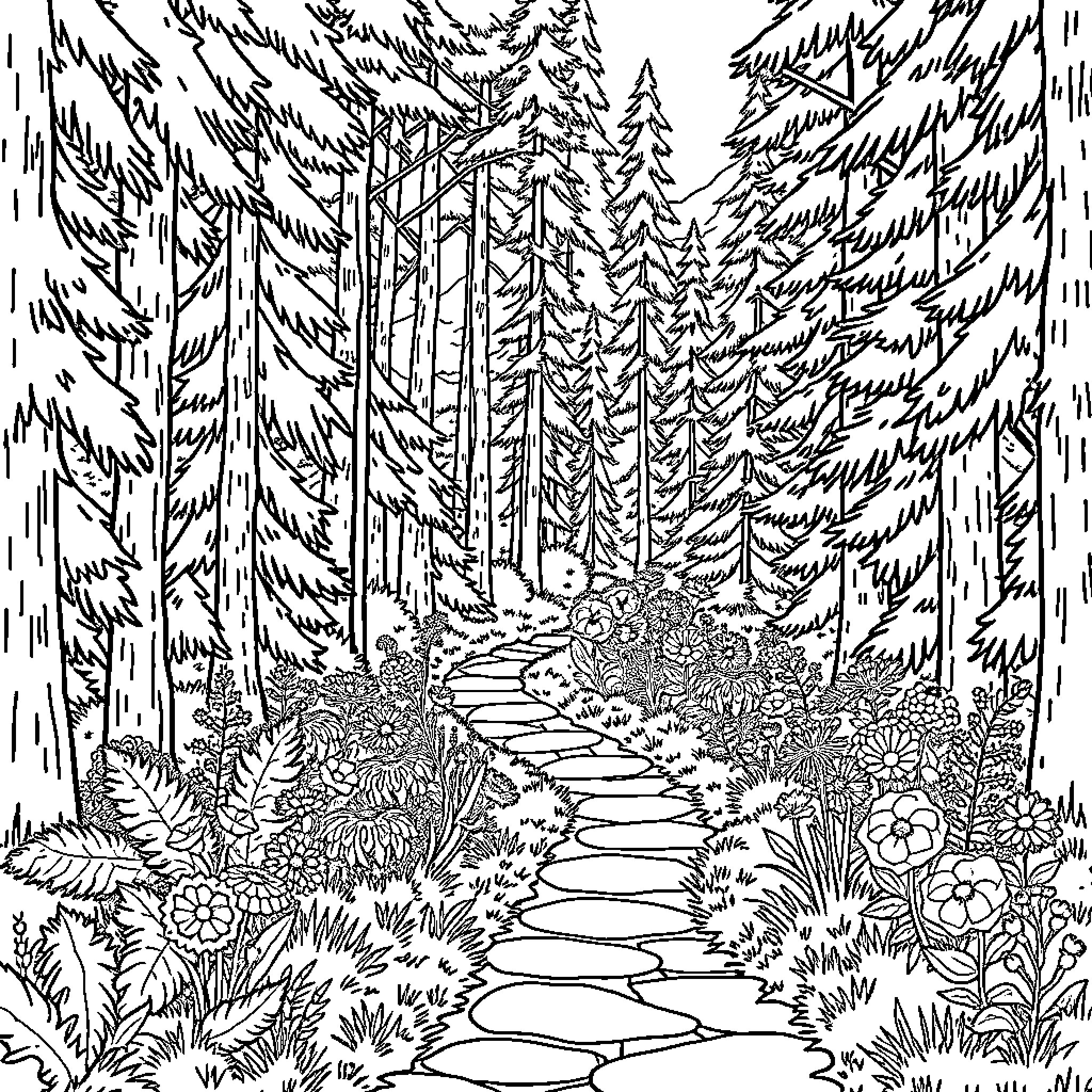 Path through the Enchanted Forest Coloring Page (free black-and-white line drawing printable PDF for all, from beginners to advanced learners, including children, teens, adults, and seniors)