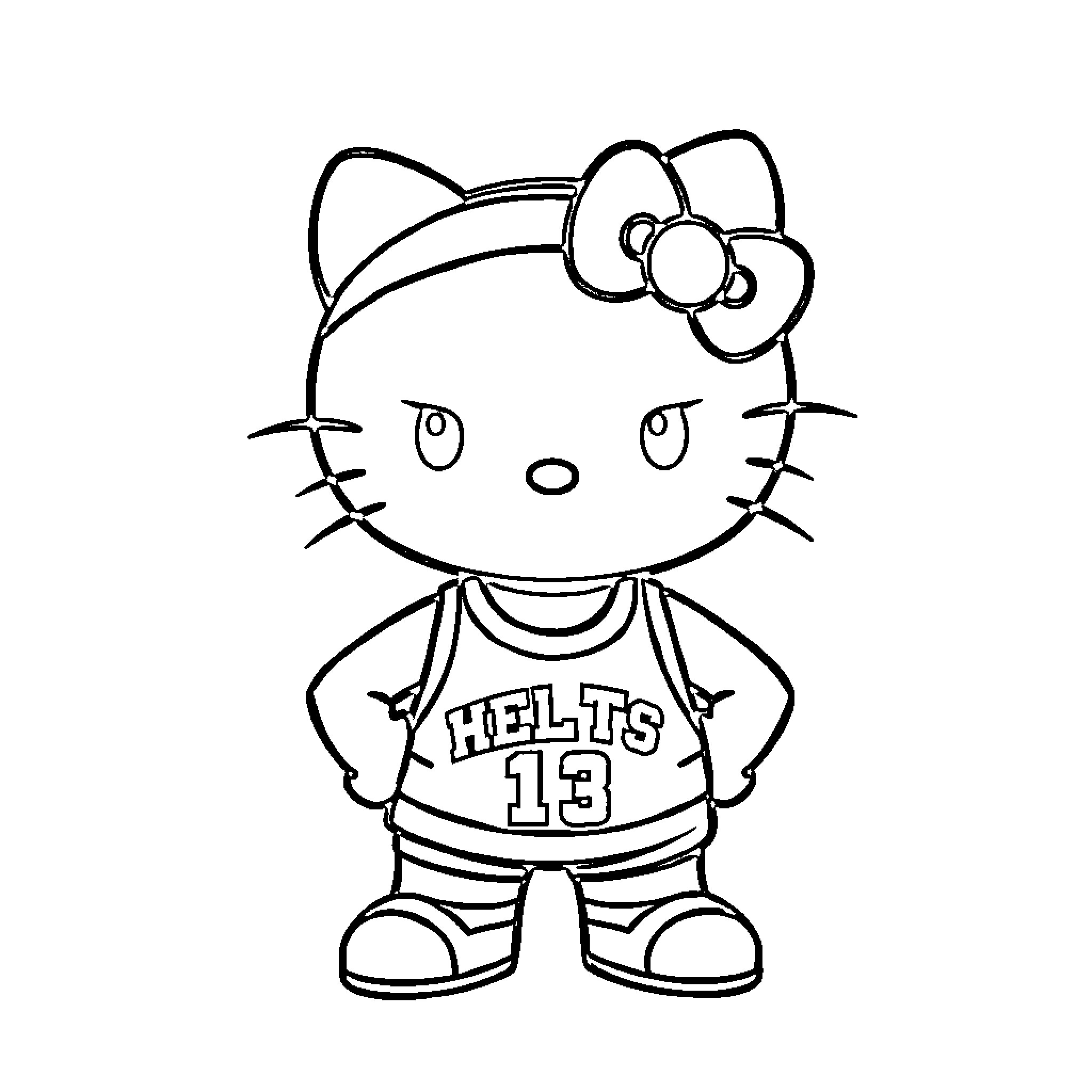 Hello Kitty playing basketball Coloring Page (free black-and-white line drawing printable PDF for all, from beginners to advanced learners, including children, teens, adults, and seniors)