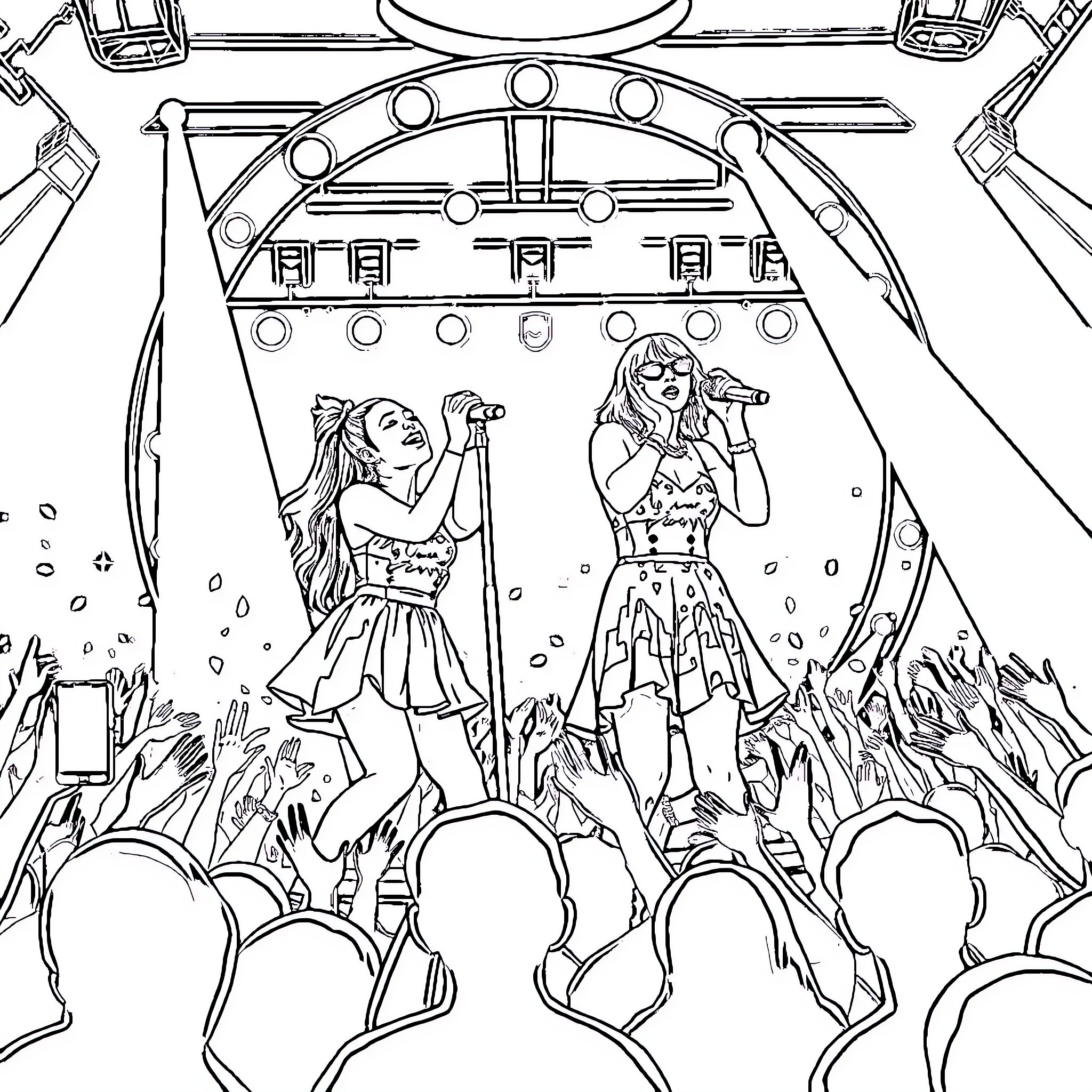 Ariana Grande performing on stage with energetic crowd Coloring Page (free black-and-white line drawing printable PDF for all, from beginners to advanced learners, including children, teens, adults, and seniors)