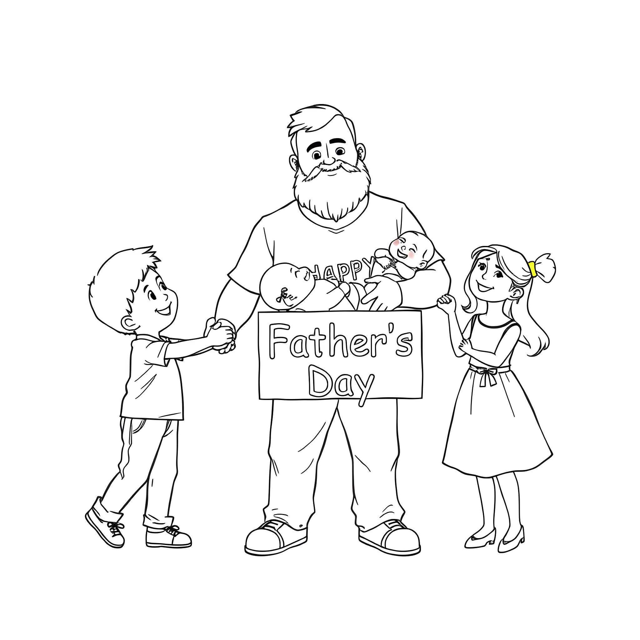 Father celebrating Father's Day with children Coloring Page (free black-and-white line drawing printable PDF for all, from beginners to advanced learners, including children, teens, adults, and seniors)