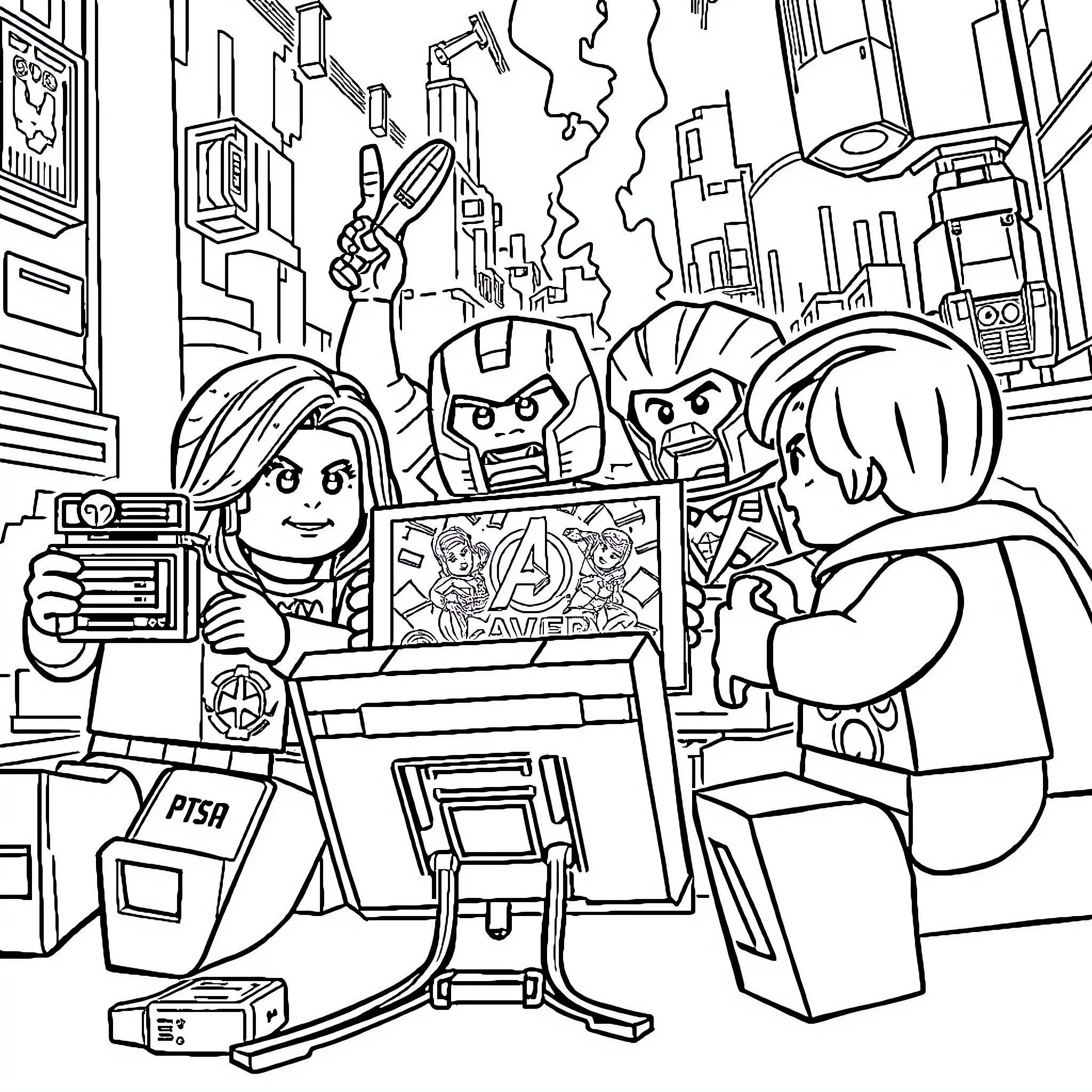 Lego Superheroes saving the city from disaster Coloring Page (free black-and-white line drawing printable PDF for all, from beginners to advanced learners, including children, teens, adults, and seniors)