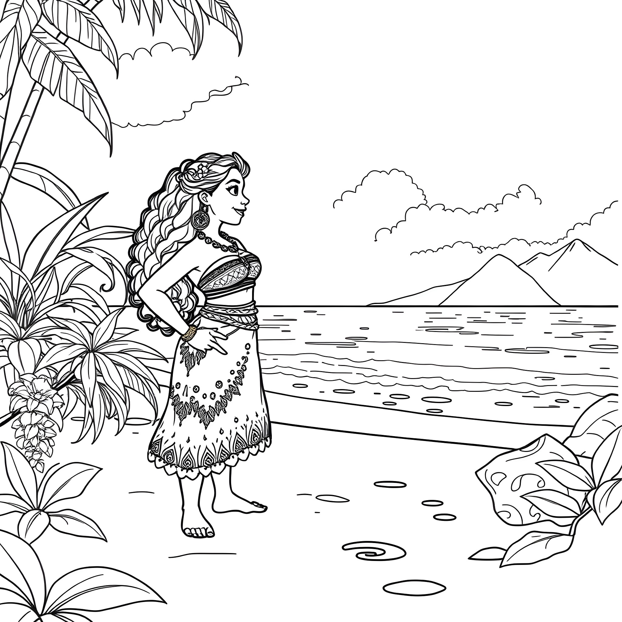 Moana exploring the tropical island scenery Coloring Page (free black-and-white line drawing printable PDF for all, from beginners to advanced learners, including children, teens, adults, and seniors)
