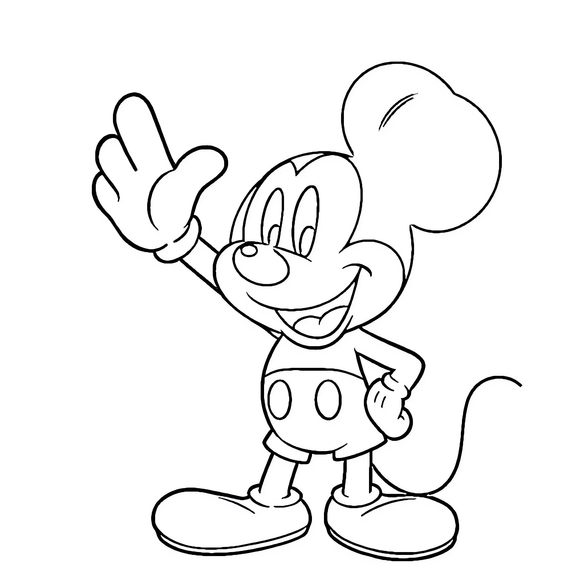 Mickey Waving Cheerfully in Iconic Outfit Coloring Page (free black-and-white line drawing printable PDF for all, from beginners to advanced learners, including children, teens, adults, and seniors)