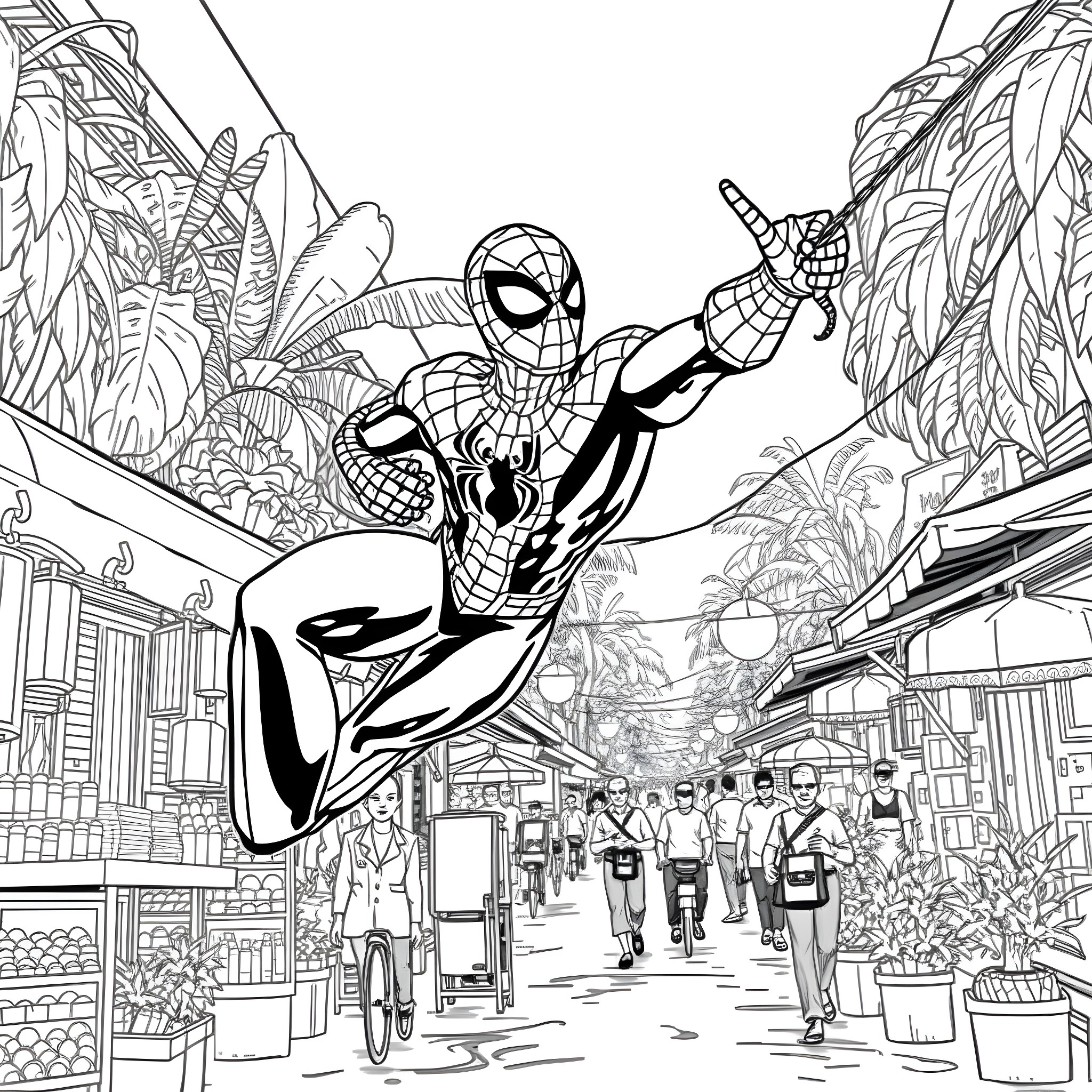 Spiderman swinging through the city streets Coloring Page (free black-and-white line drawing printable PDF for all, from beginners to advanced learners, including children, teens, adults, and seniors)