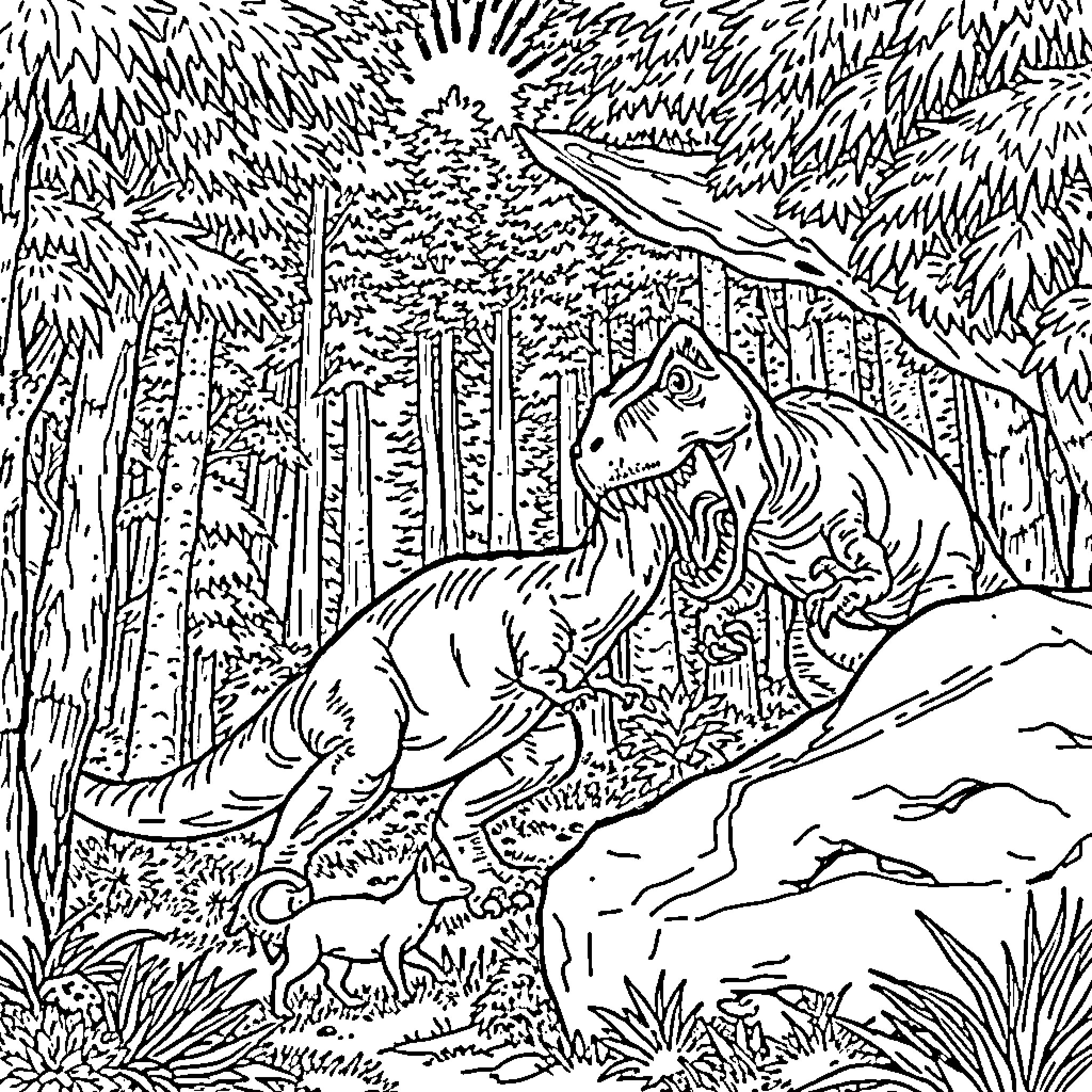 T-Rex Roaming in the Jurassic Forest Coloring Page (free black-and-white line drawing printable PDF for all, from beginners to advanced learners, including children, teens, adults, and seniors)