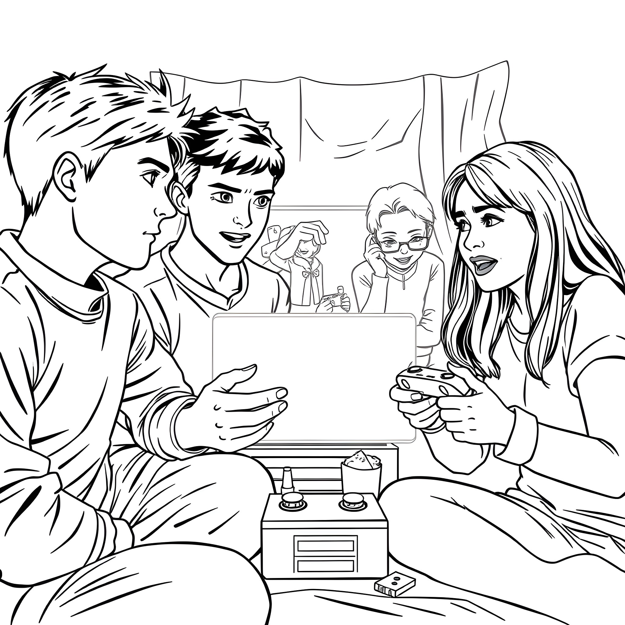 Video Game Friends Enjoying Time Together Coloring Page (free black-and-white line drawing printable PDF for all, from beginners to advanced learners, including children, teens, adults, and seniors)