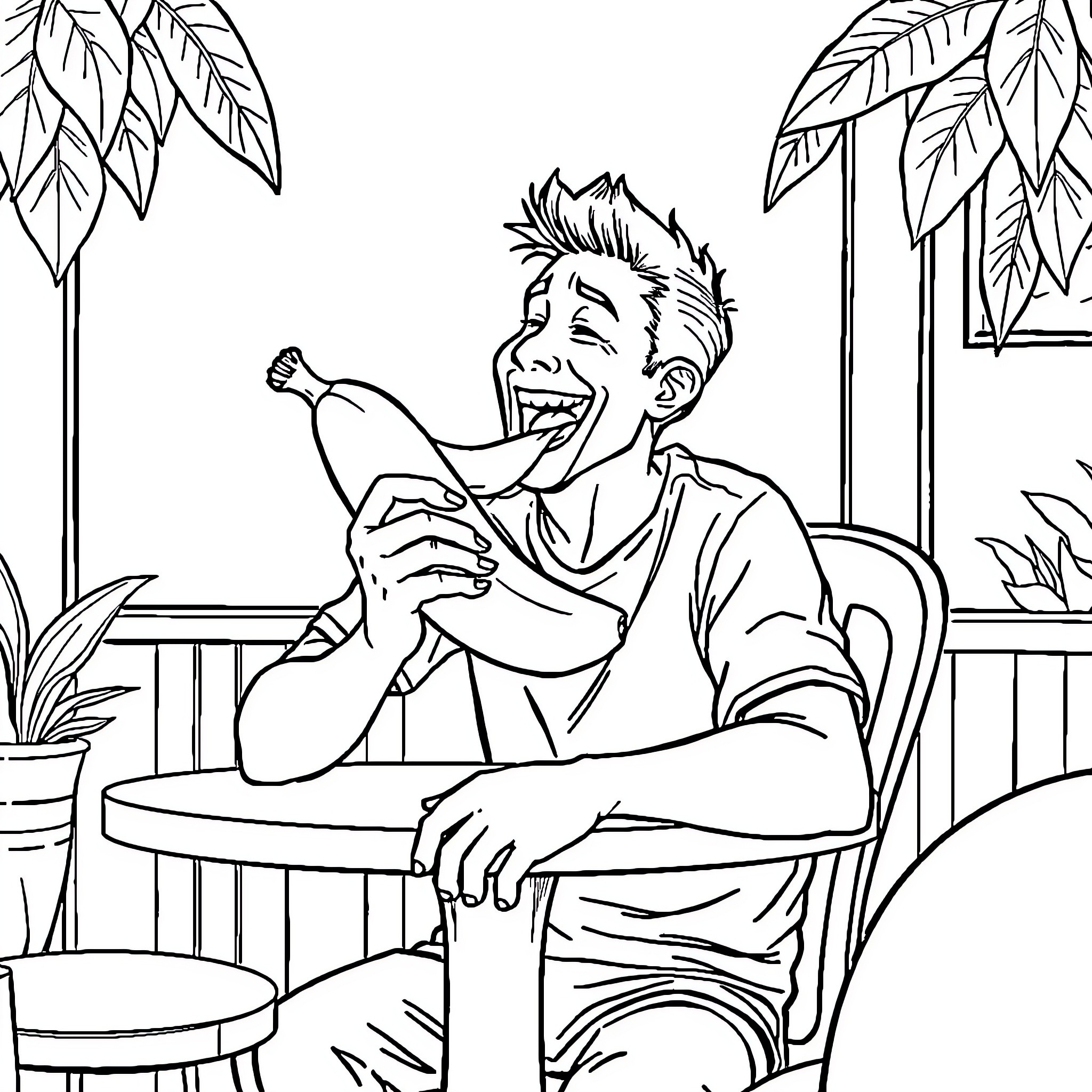Man enjoying a refreshing drink on a tropical patio Coloring Page (free black-and-white line drawing printable PDF for all, from beginners to advanced learners, including children, teens, adults, and seniors)
