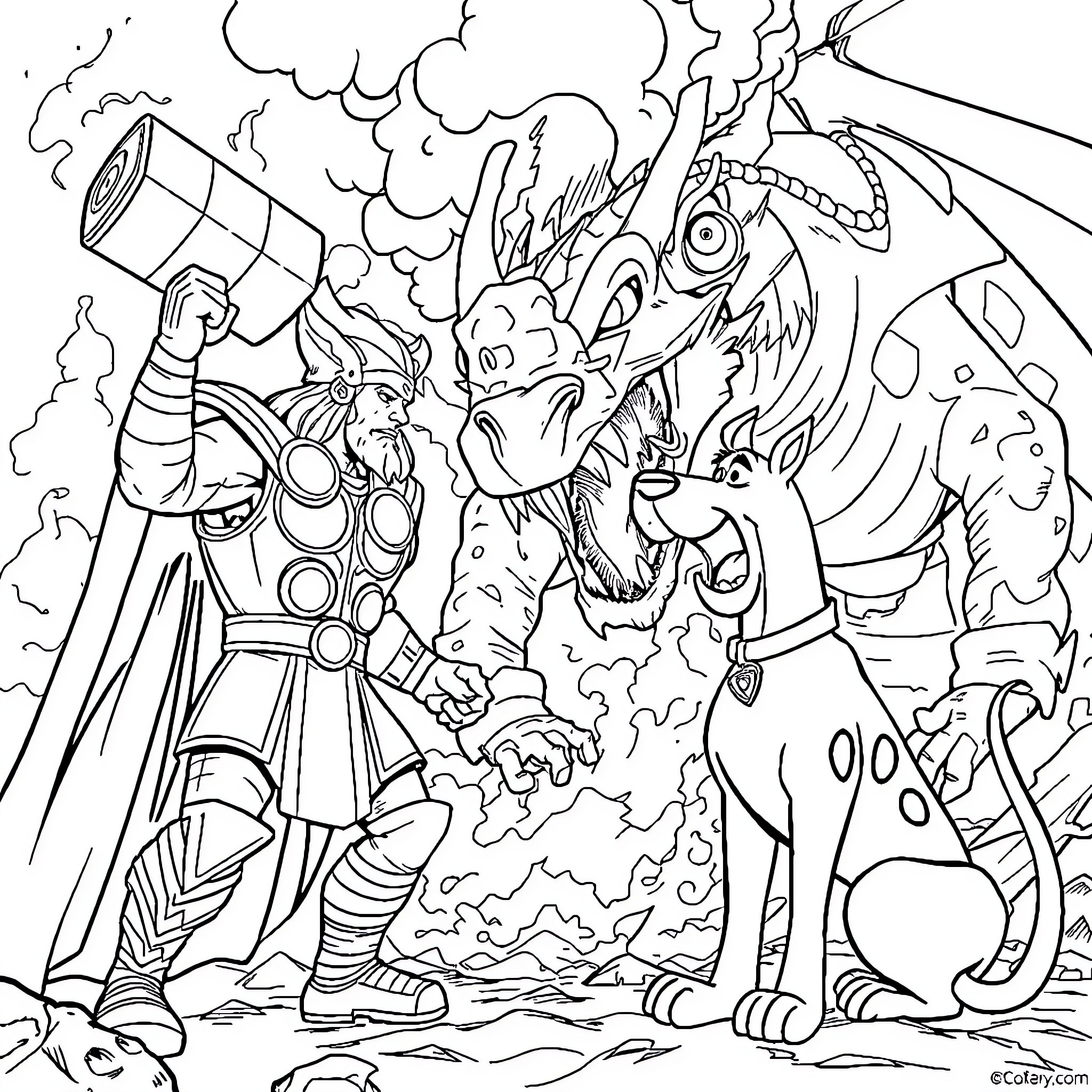 Thor battling a fearsome dragon in an epic showdown Coloring Page (free black-and-white line drawing printable PDF for all, from beginners to advanced learners, including children, teens, adults, and seniors)