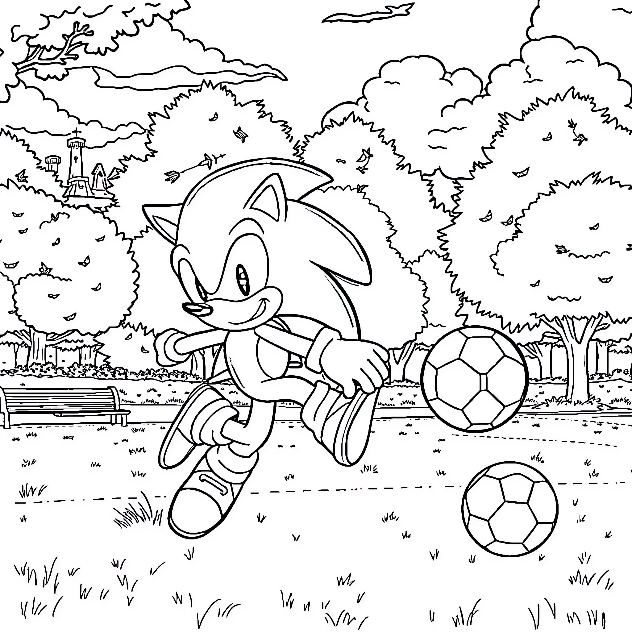 Sonic playing with soccer balls in the park Coloring Page (free black-and-white line drawing printable PDF for all, from beginners to advanced learners, including children, teens, adults, and seniors)