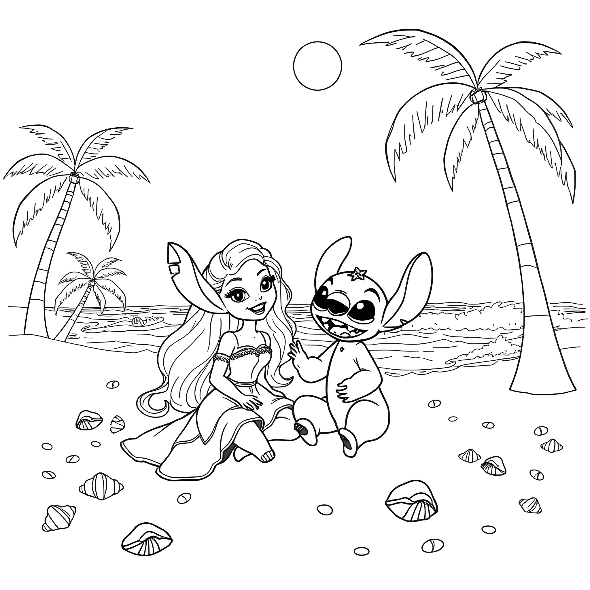 Barbie and Stitch enjoying a tropical beach vacation Coloring Page (free black-and-white line drawing printable PDF for all, from beginners to advanced learners, including children, teens, adults, and seniors)