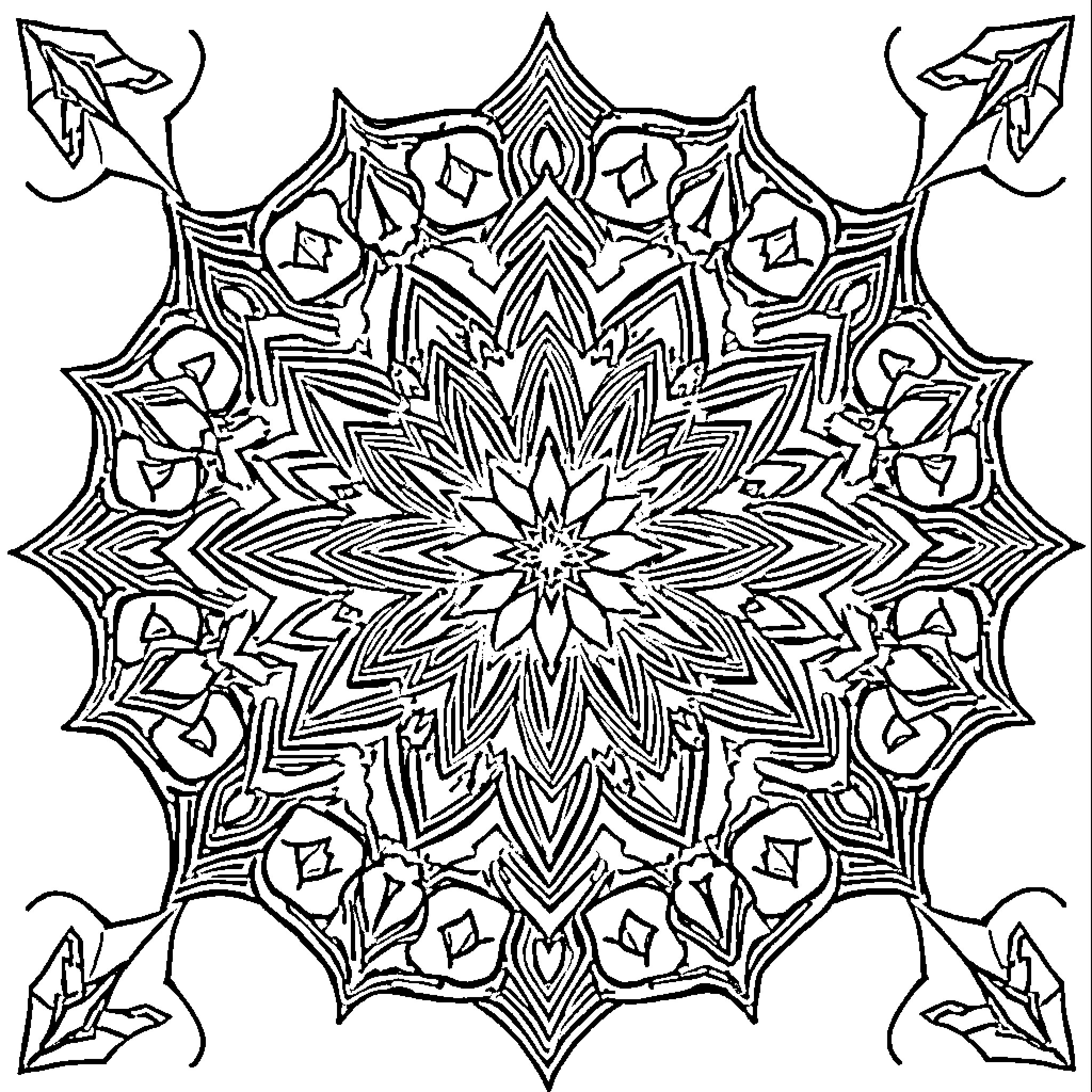 Islamic Geometry: Intricate Mandala-like Design Coloring Page (free black-and-white line drawing printable PDF for all, from beginners to advanced learners, including children, teens, adults, and seniors)