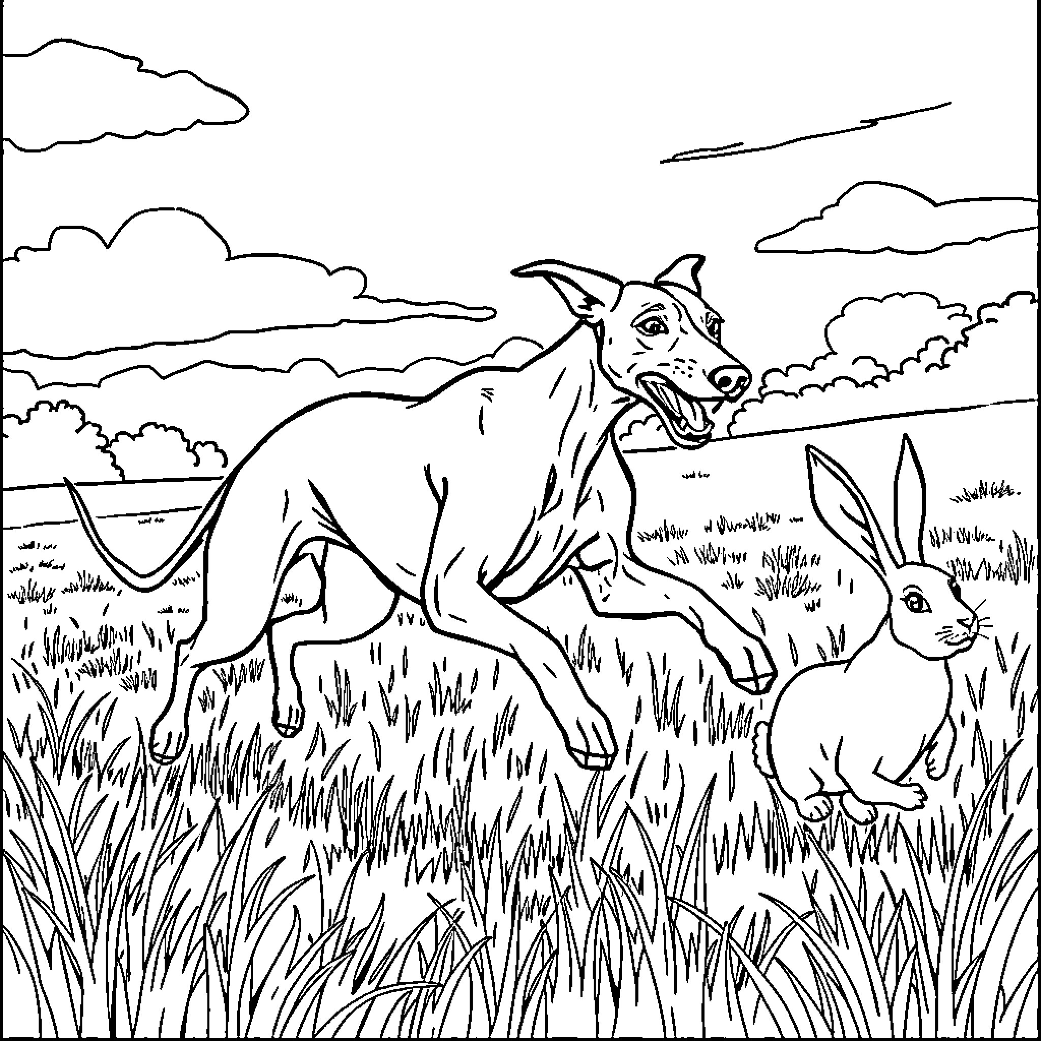 Greyhound chasing a rabbit through the countryside Coloring Page (free black-and-white line drawing printable PDF for all, from beginners to advanced learners, including children, teens, adults, and seniors)