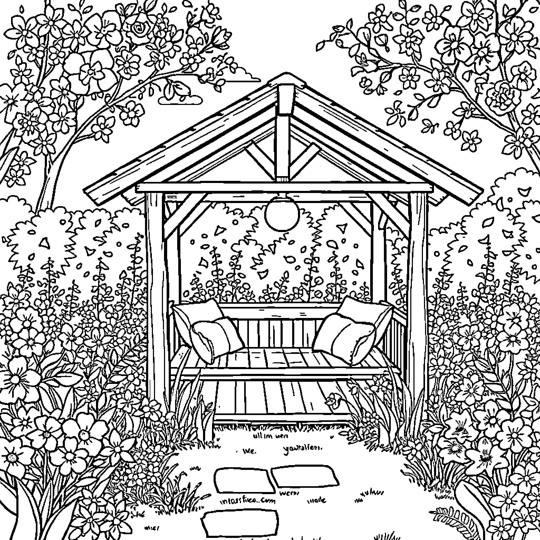 Cabin Surrounded by Blooming Flowers and Lush Greenery Coloring Page (free black-and-white line drawing printable PDF for all, from beginners to advanced learners, including children, teens, adults, and seniors)