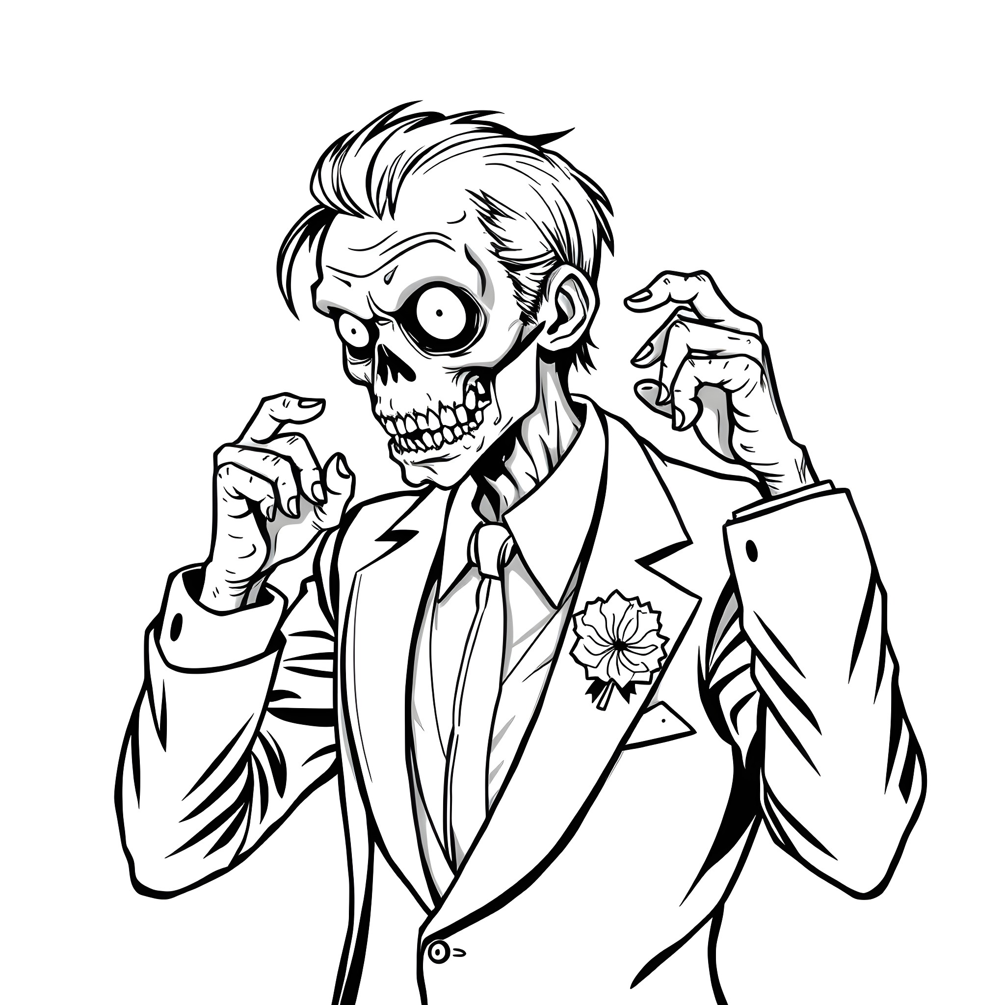 Zombie businessman in tattered suit displaying creepy grin Coloring Page (free black-and-white line drawing printable PDF for all, from beginners to advanced learners, including children, teens, adults, and seniors)