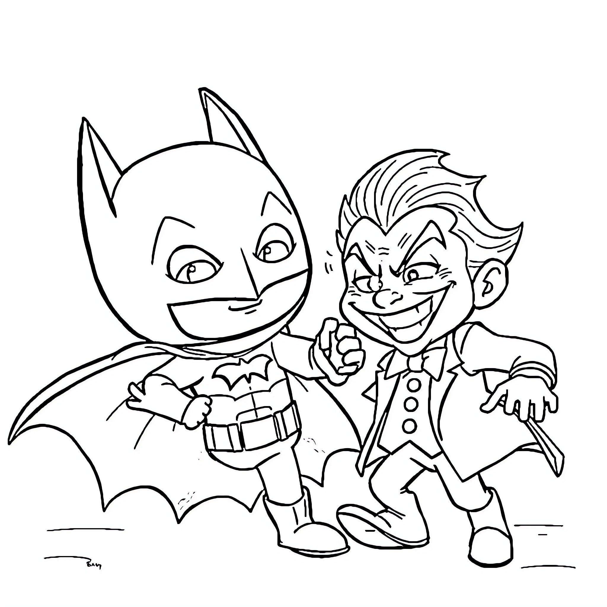 Bingo! Dynamic duo of superhero and villain Coloring Page (free black-and-white line drawing printable PDF for all, from beginners to advanced learners, including children, teens, adults, and seniors)
