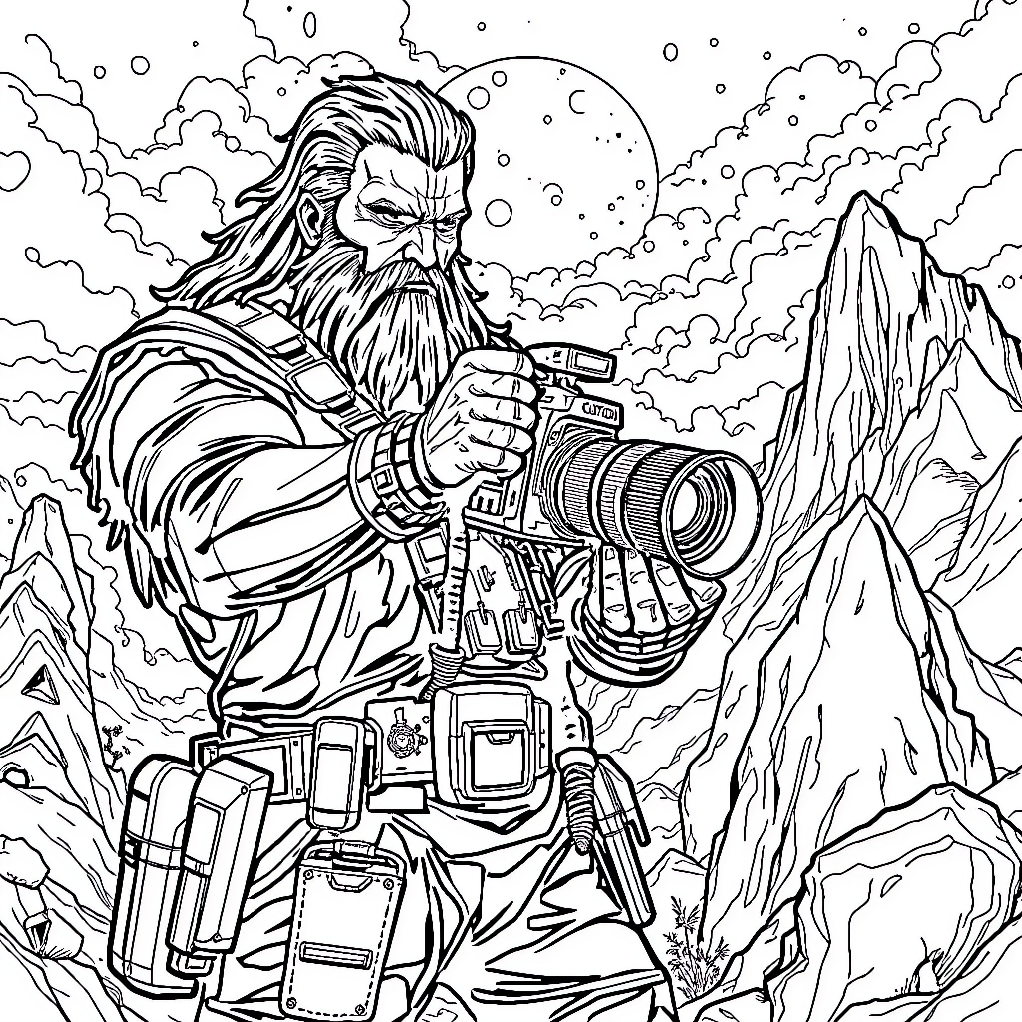 Titan Explorer Capturing the Frozen Wilderness Coloring Page (free black-and-white line drawing printable PDF for all, from beginners to advanced learners, including children, teens, adults, and seniors)