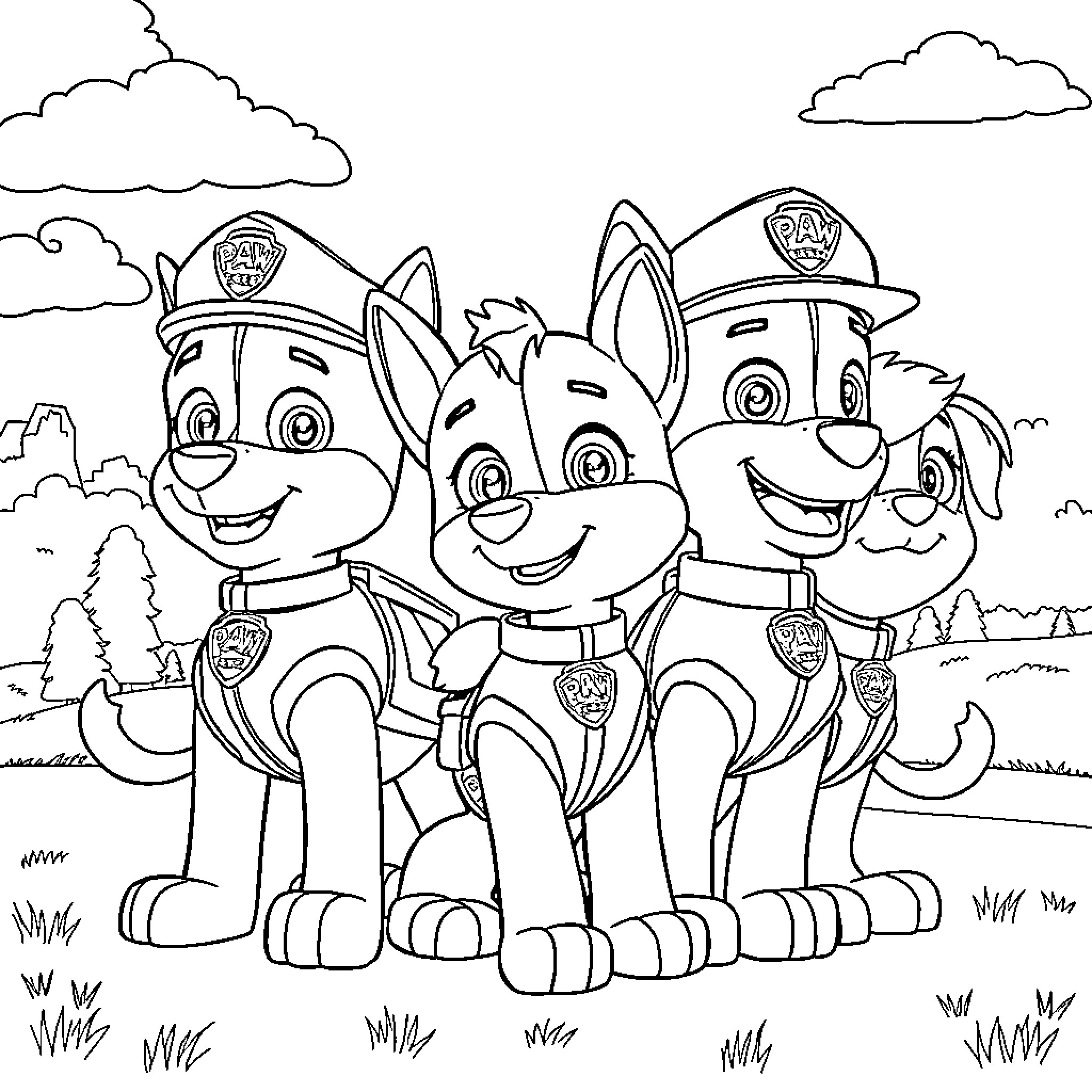 Paw Patrol pups on patrol in action Coloring Page (free black-and-white line drawing printable PDF for all, from beginners to advanced learners, including children, teens, adults, and seniors)