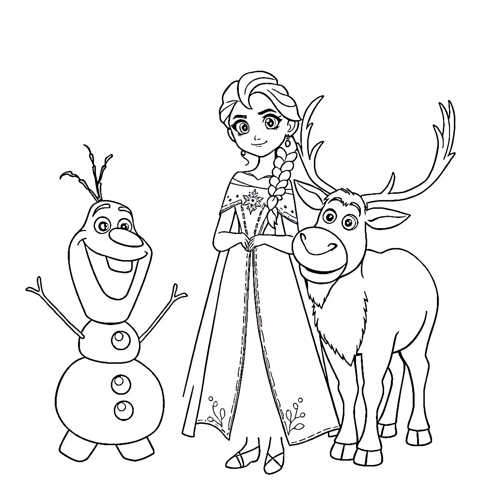 Elsa enjoying a friendly day with Olaf and Sven Coloring Page (free black-and-white line drawing printable PDF for all, from beginners to advanced learners, including children, teens, adults, and seniors)