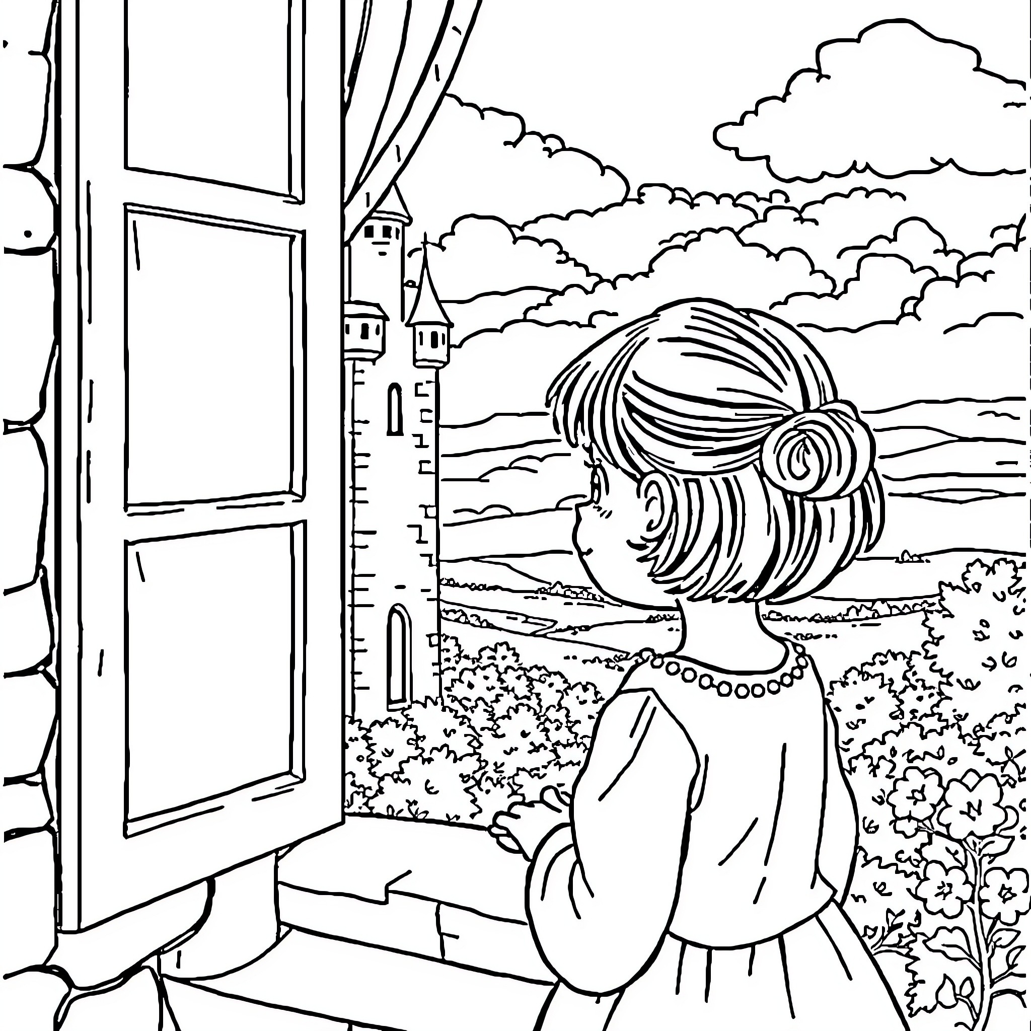 Fille admiring the view from the window Coloring Page (free black-and-white line drawing printable PDF for all, from beginners to advanced learners, including children, teens, adults, and seniors)