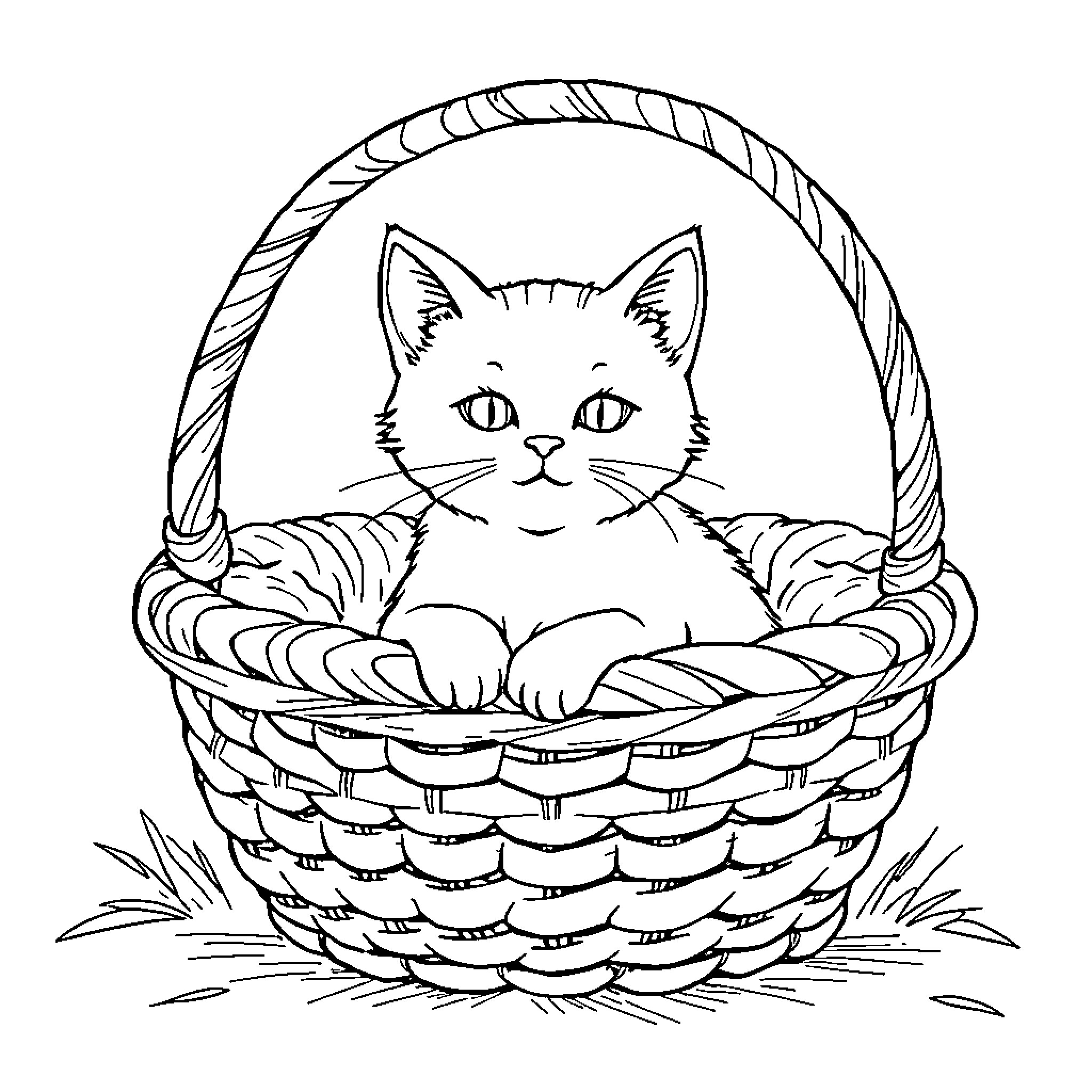 Cat resting comfortably in a wicker basket Coloring Page (free black-and-white line drawing printable PDF for all, from beginners to advanced learners, including children, teens, adults, and seniors)