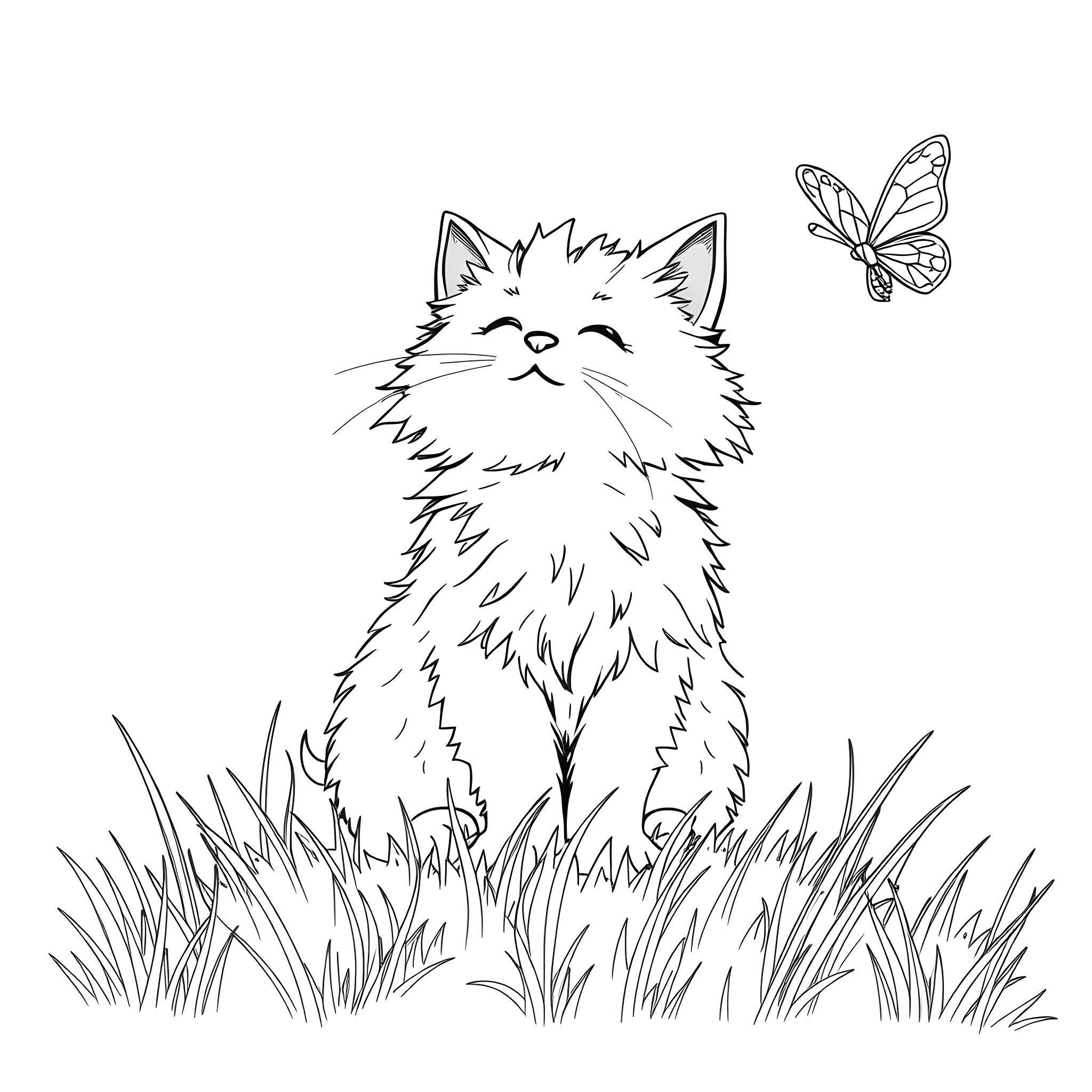 Cat observing a butterfly in the grass Coloring Page (free black-and-white line drawing printable PDF for all, from beginners to advanced learners, including children, teens, adults, and seniors)