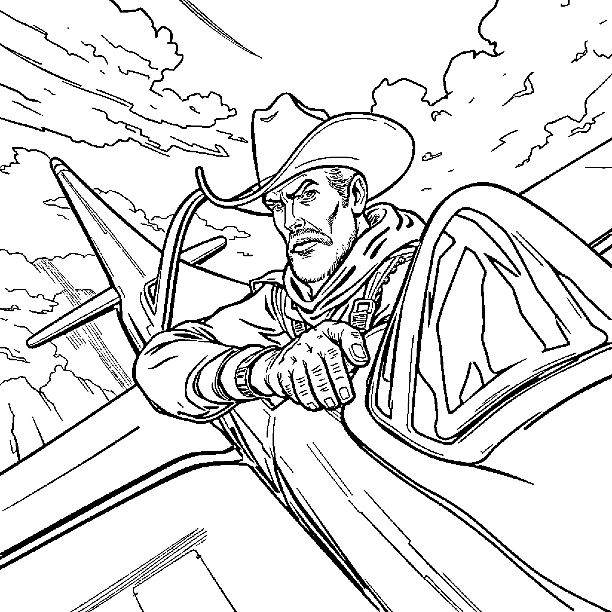 Cowboy driving vehicle on rugged terrain Coloring Page (free black-and-white line drawing printable PDF for all, from beginners to advanced learners, including children, teens, adults, and seniors)