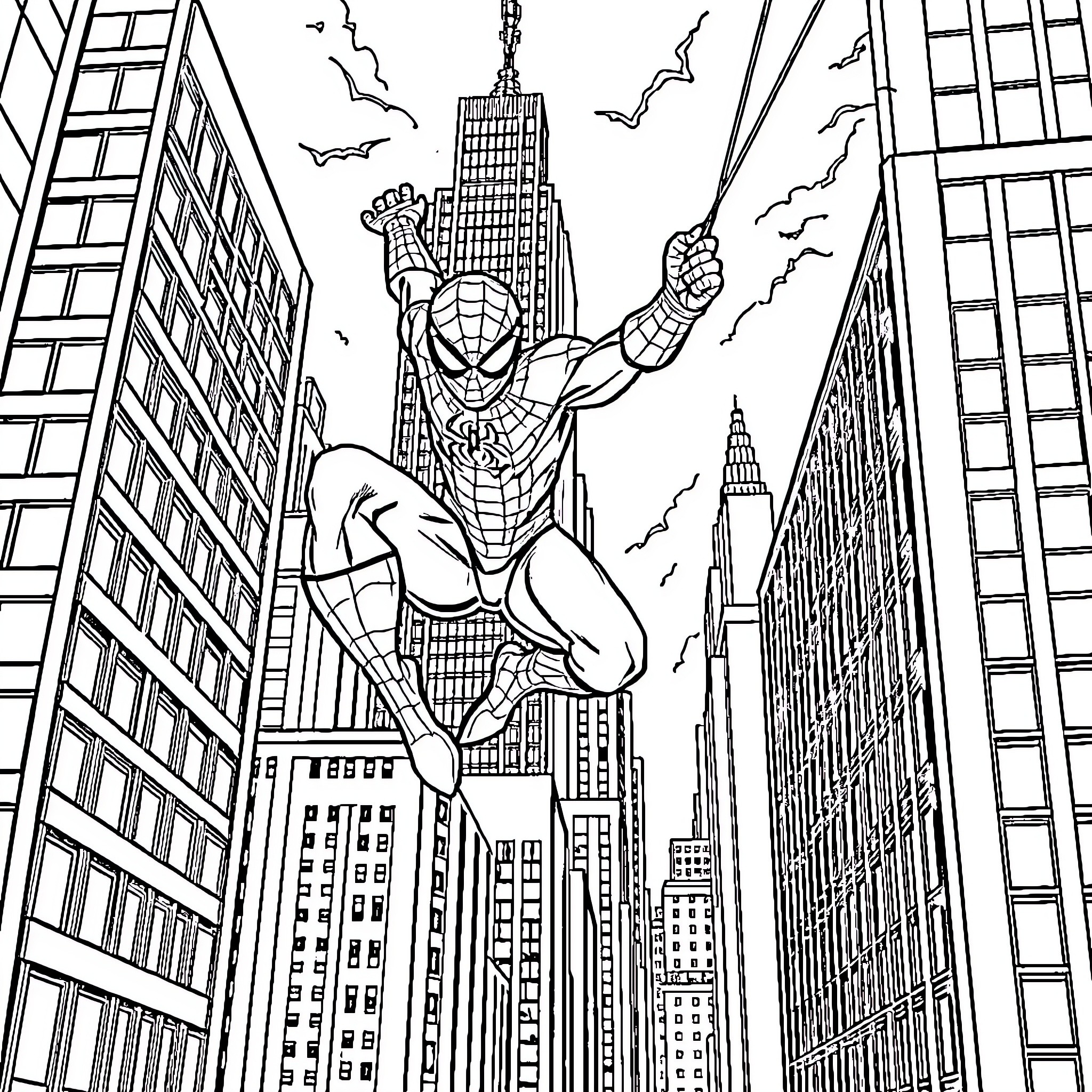 Spiderman swinging high above the city skyscrapers Coloring Page (free black-and-white line drawing printable PDF for all, from beginners to advanced learners, including children, teens, adults, and seniors)