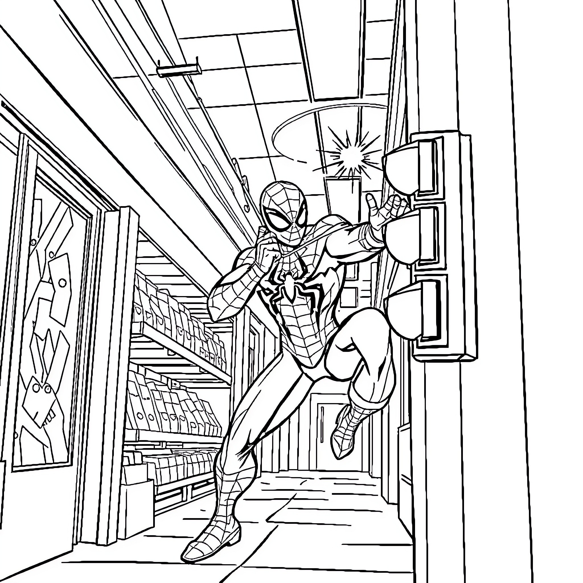 Spiderman swinging through a library Coloring Page (free black-and-white line drawing printable PDF for all, from beginners to advanced learners, including children, teens, adults, and seniors)